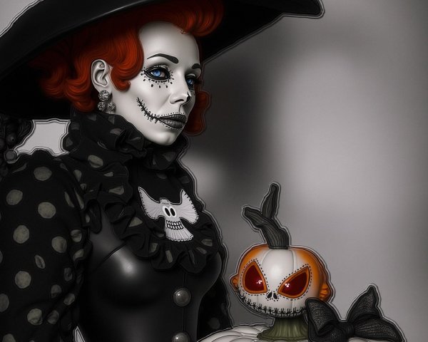Witch Figure with Halloween Decor and Spooky Makeup