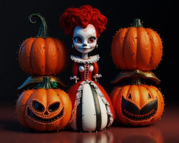 Whimsical Doll with Red Hair and Carved Pumpkins