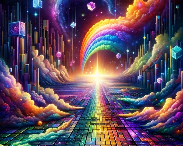 Surreal Landscape with Colorful Paths and Stars