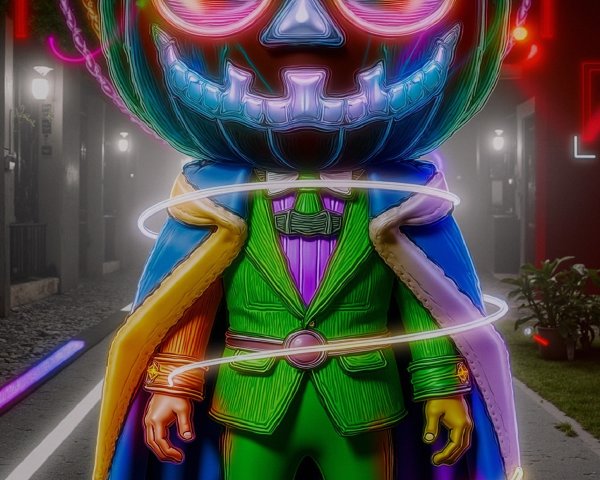 Neon-lit Character with Pumpkin Head and Stylish Attire