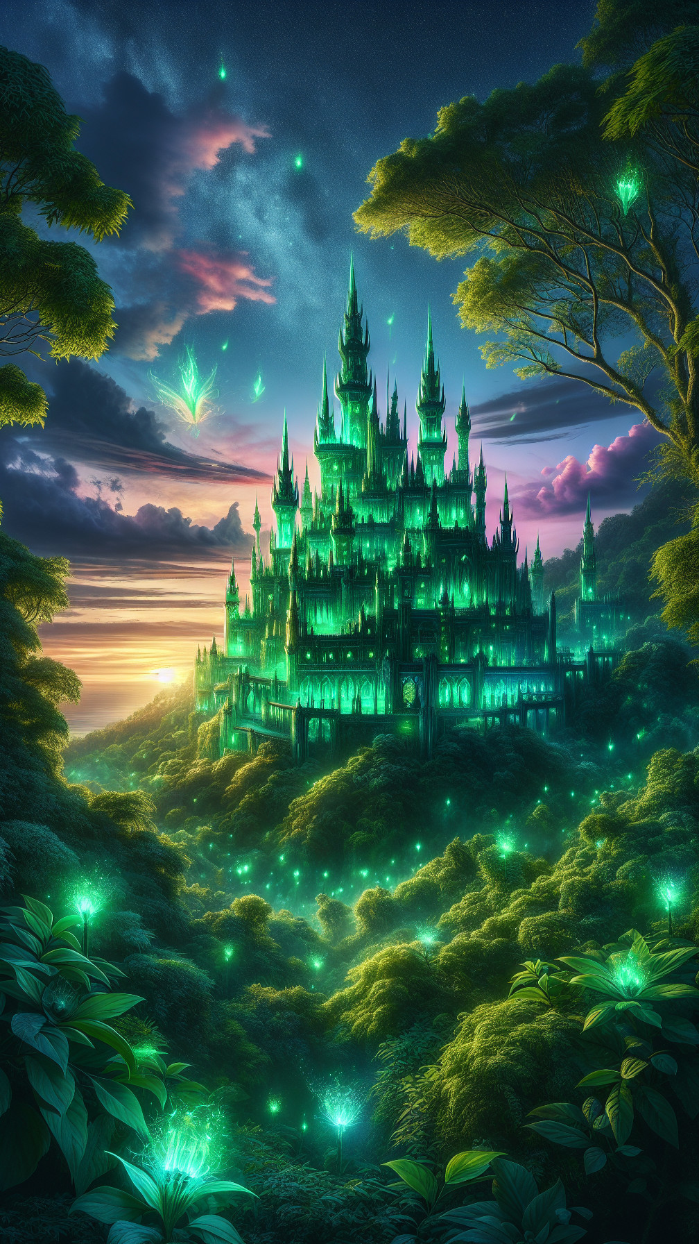 Emerald Castle in a Vibrant Enchanted Landscape