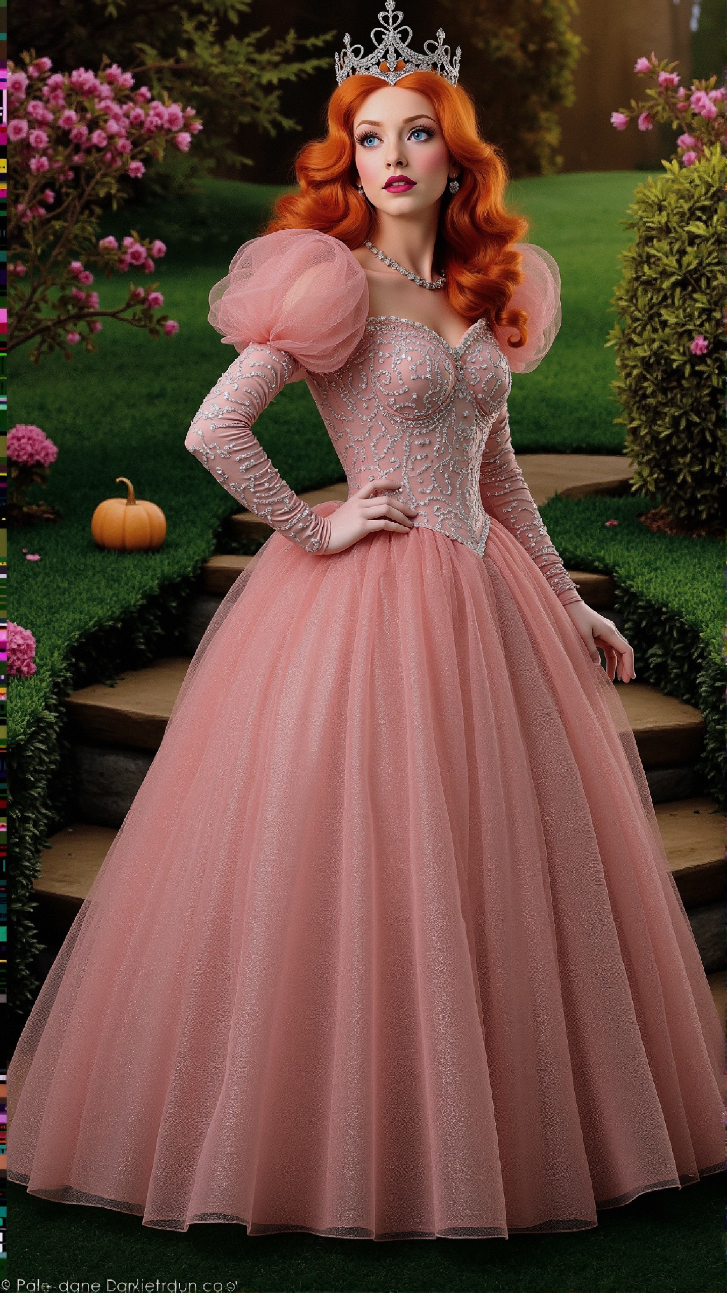 Young Woman in Pink Gown in Lush Garden Setting