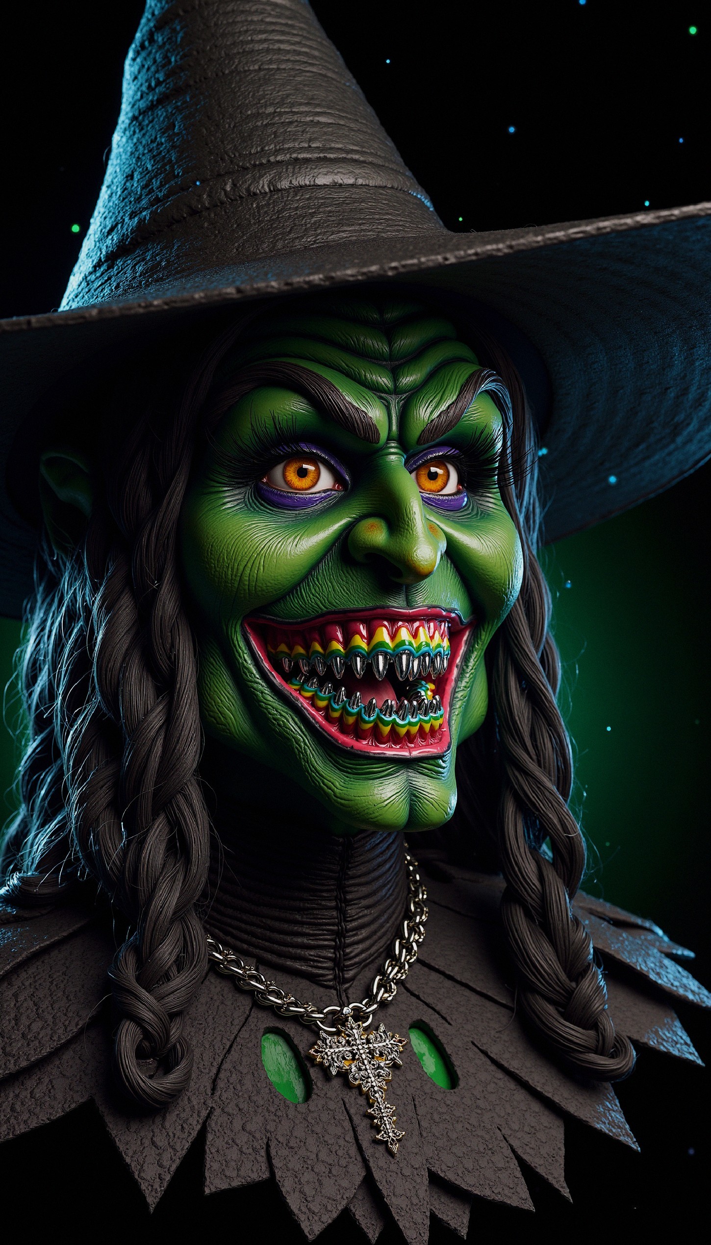 Menacing witch figure with ghoulish features and colors