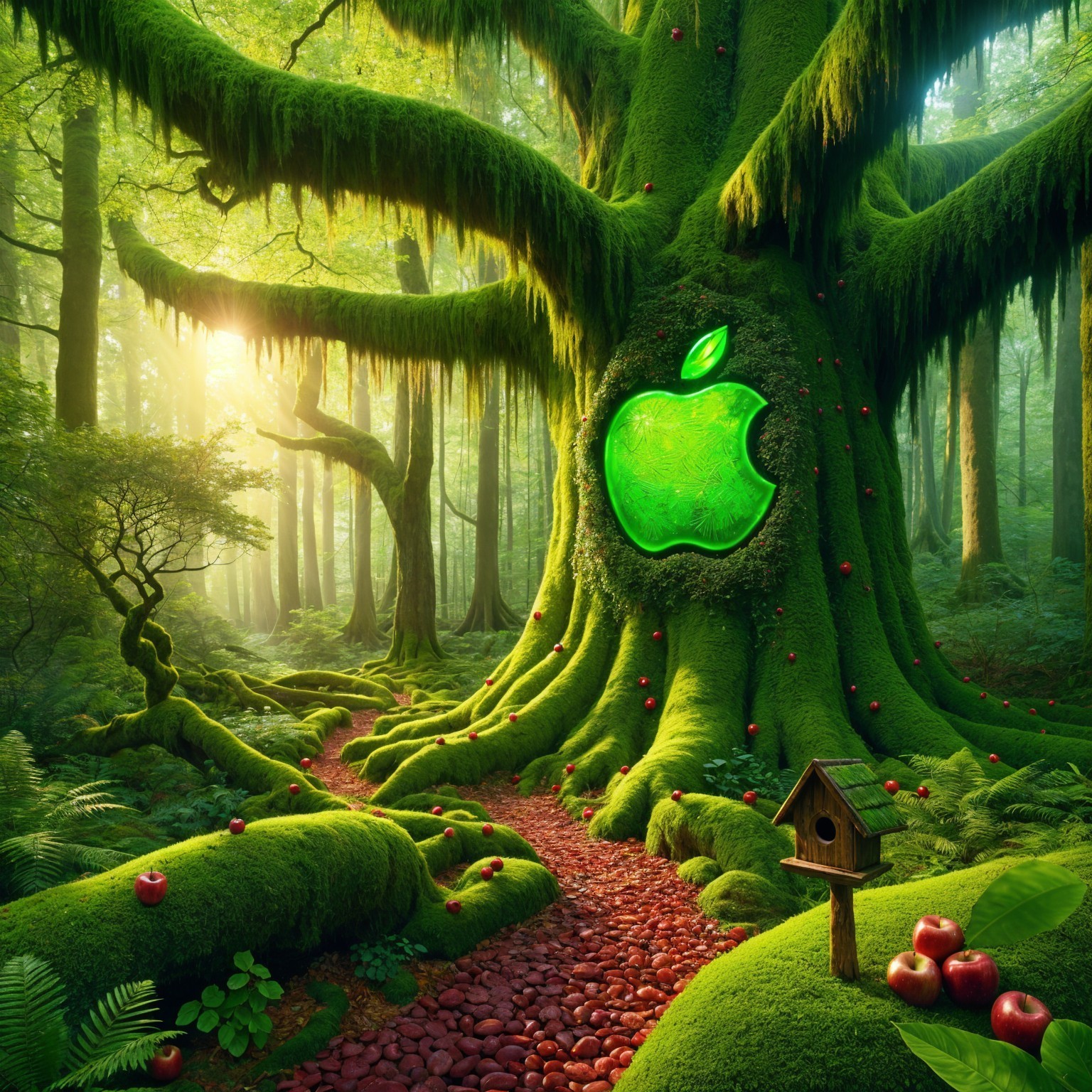 Moss-Covered Tree with Glowing Apple Logo in Forest