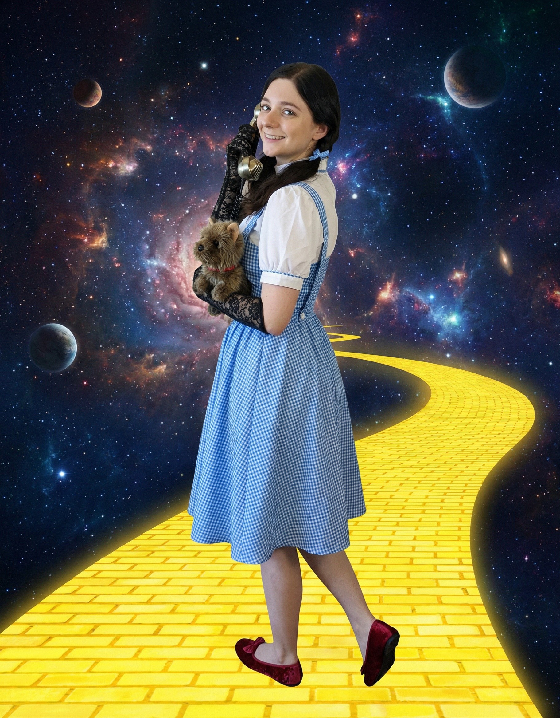 Woman in Dorothy costume on yellow brick road in space