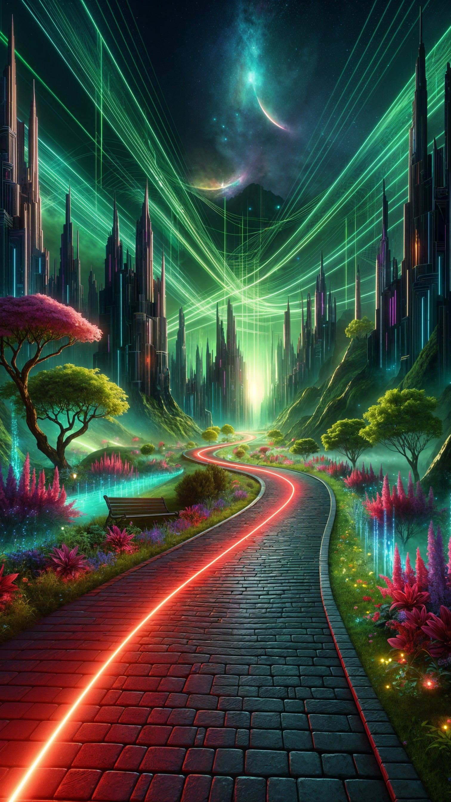 Futuristic landscape with glowing path and crystal structures