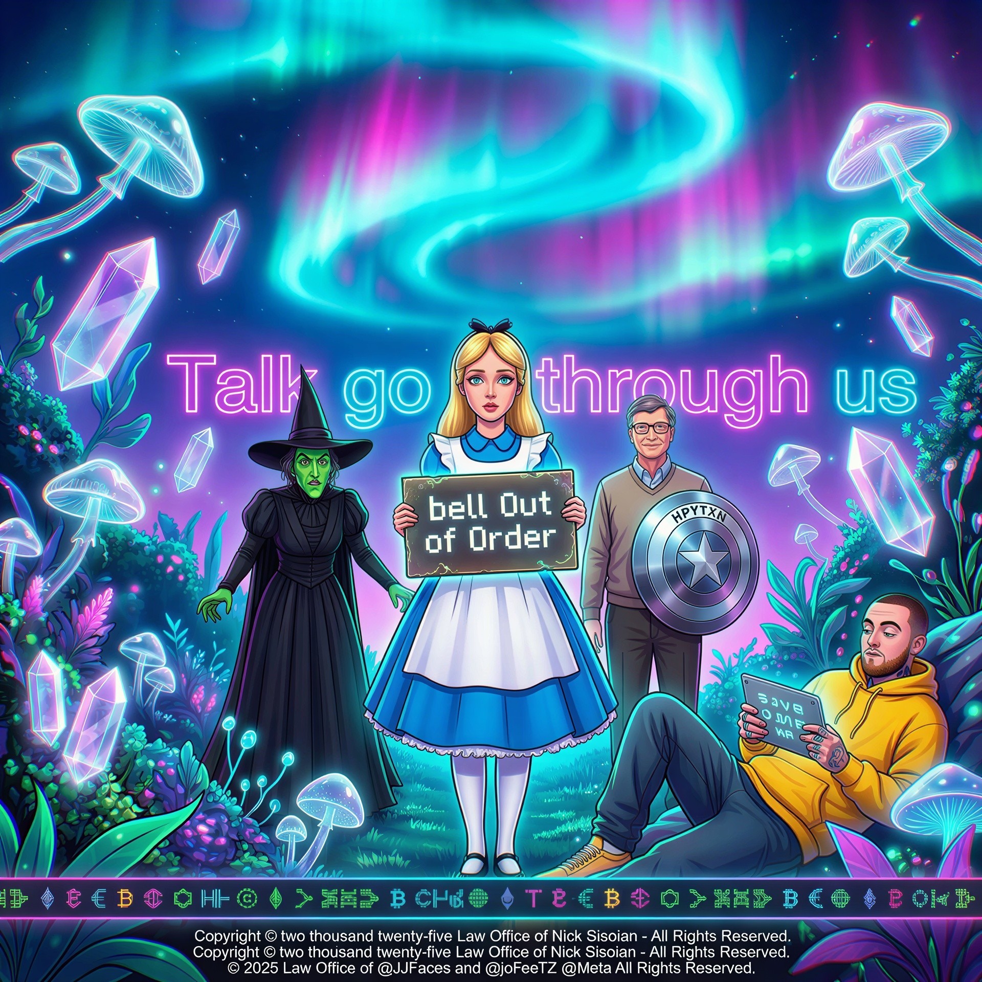 Digital Artwork Featuring Neon Aurora and Iconic Figures