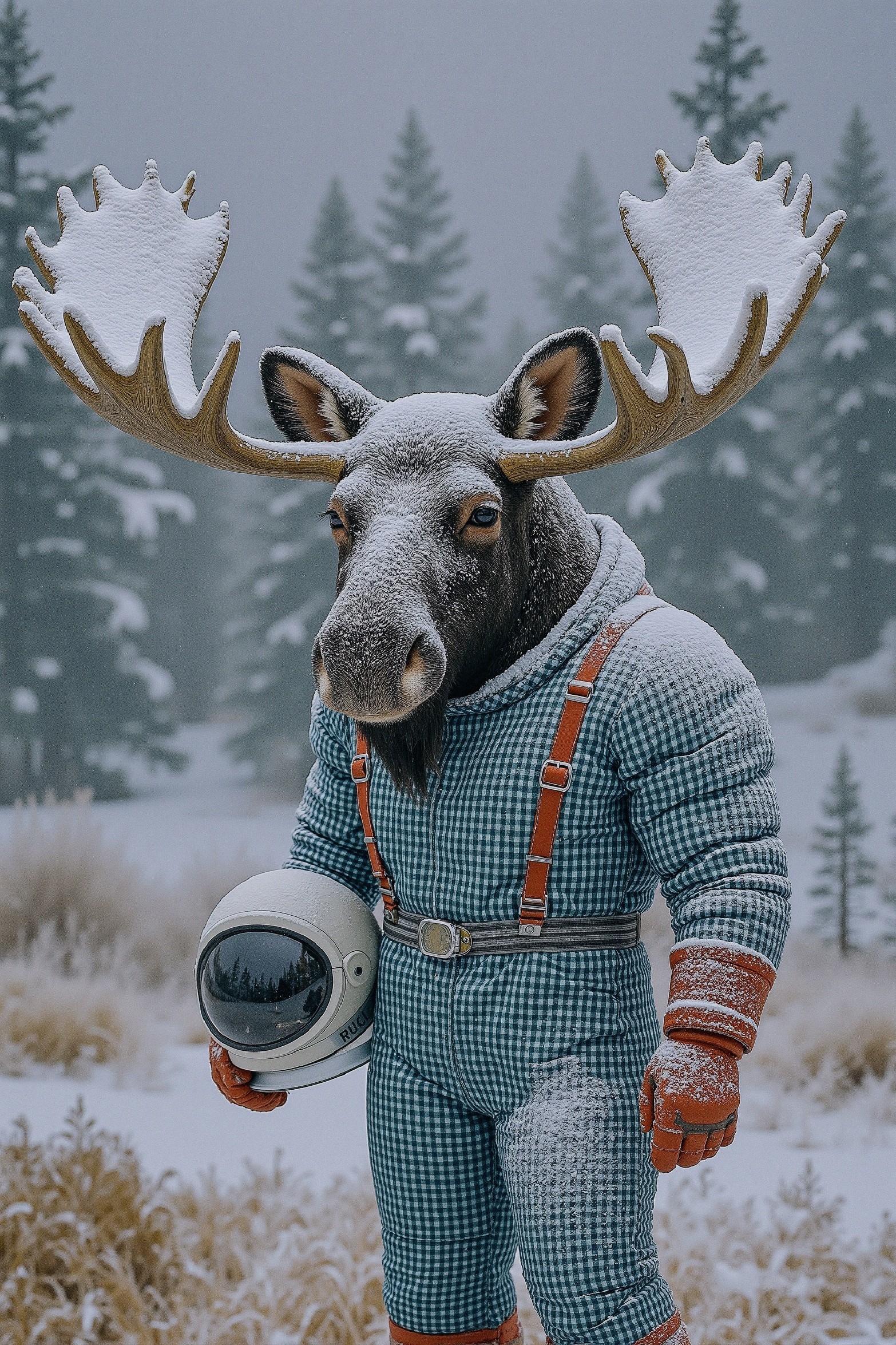 Moose in Retro Astronaut Suit in Winter Landscape