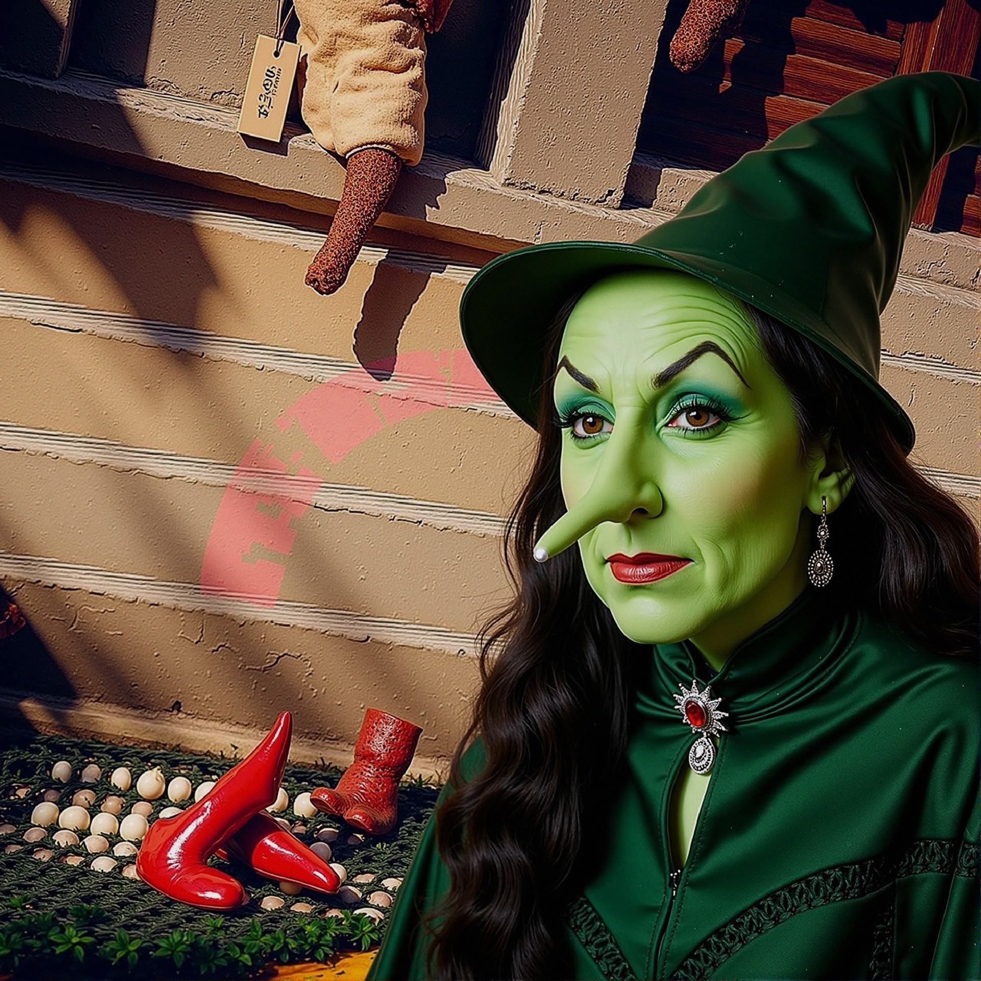 Whimsical Green-Skinned Witch in Rustic Setting