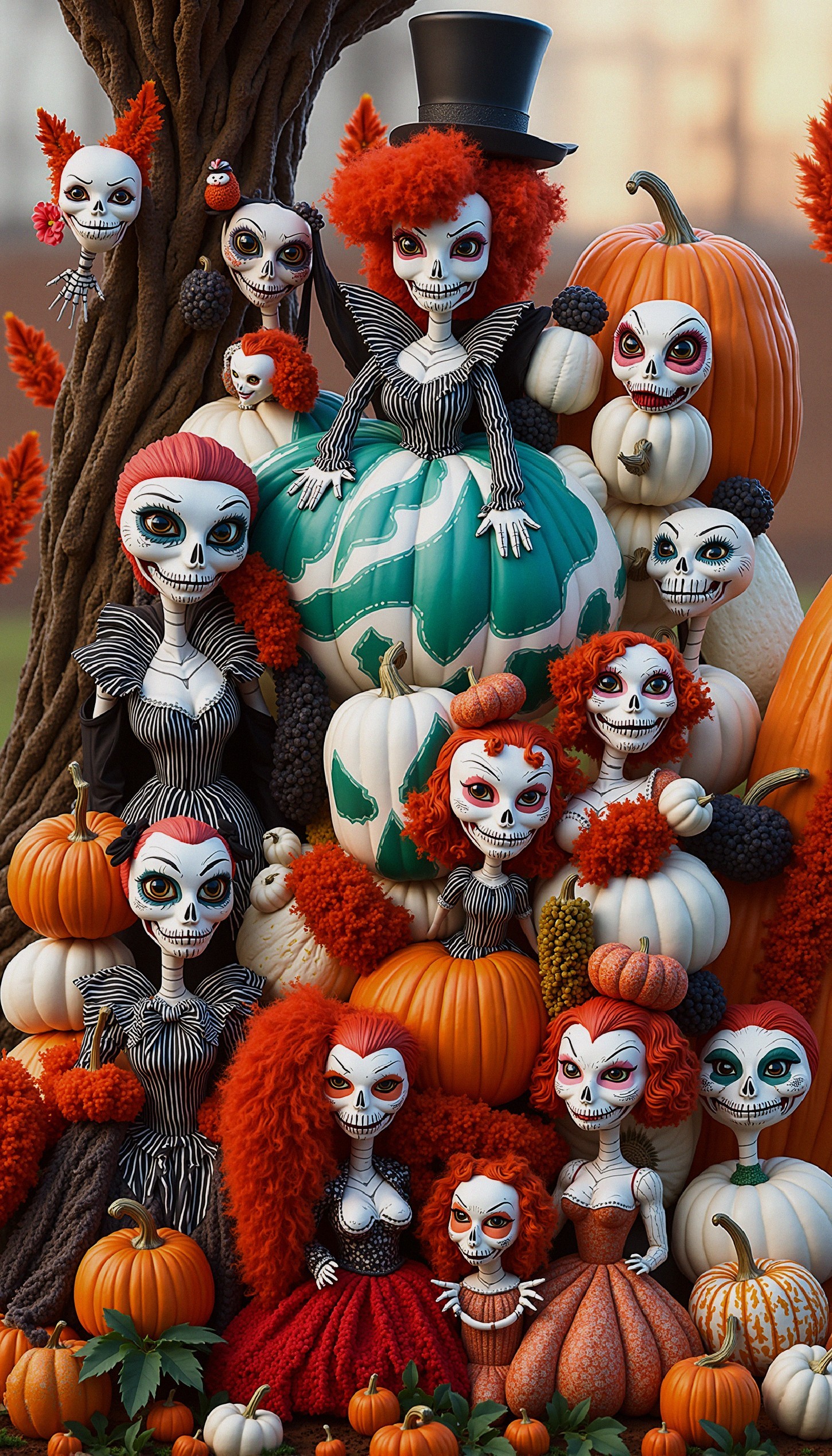 Stylized Skeleton Characters Celebrating Halloween Festivities