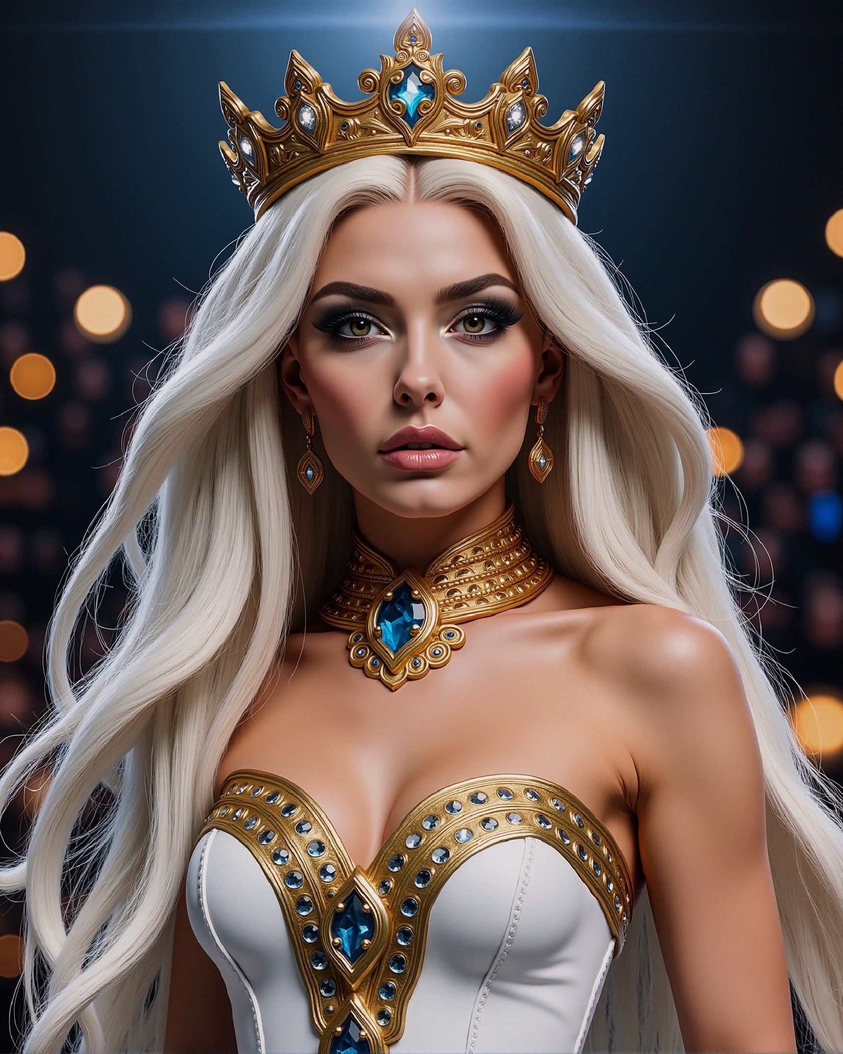 Regal figure in white gown with gold crown and jewels