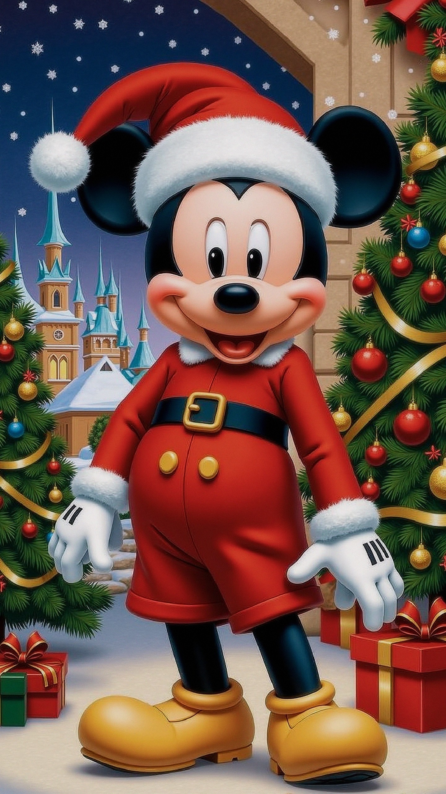Mickey Mouse in Santa Outfit in Snowy Holiday Scene