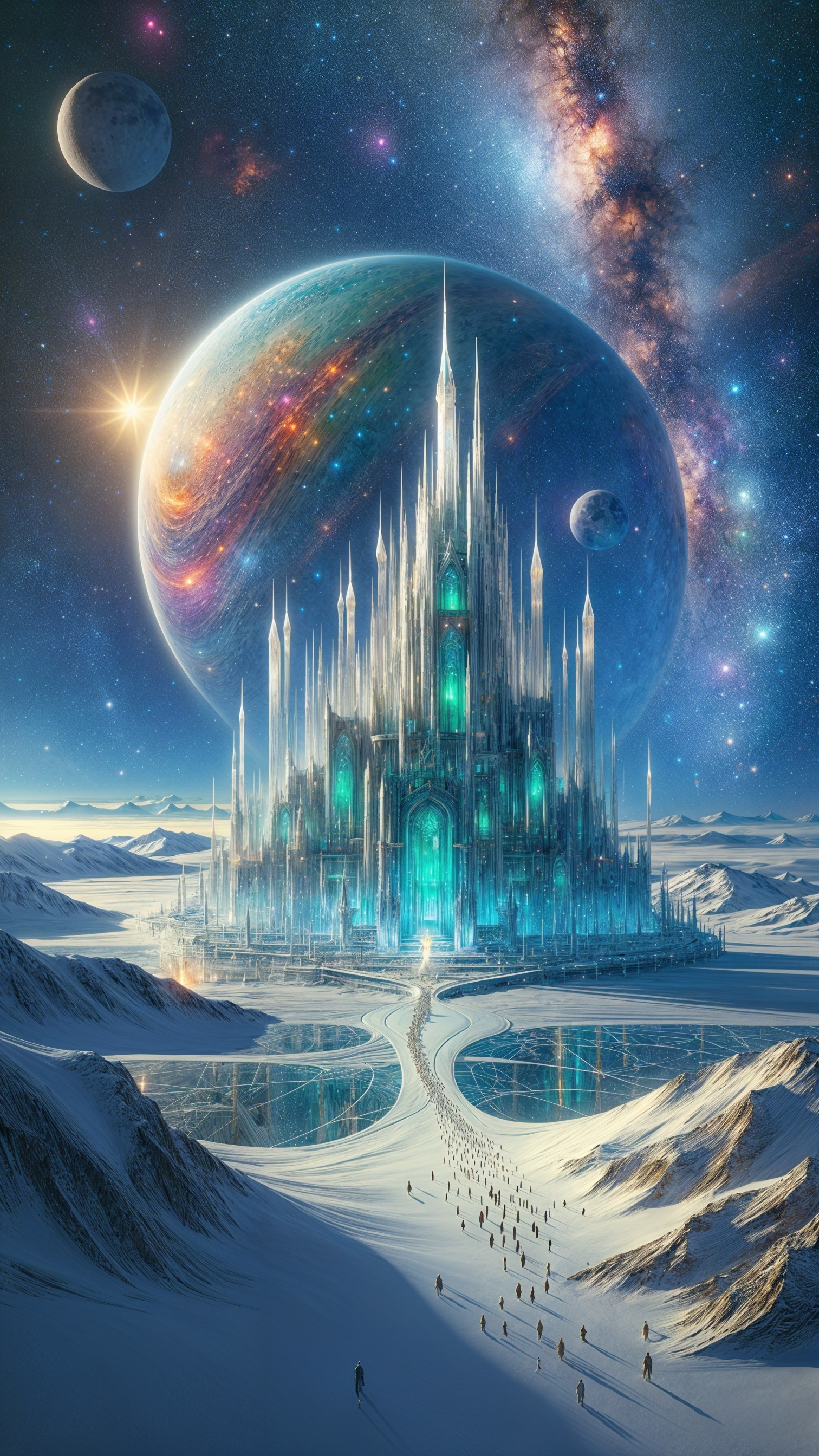 Otherworldly castle against a cosmic backdrop