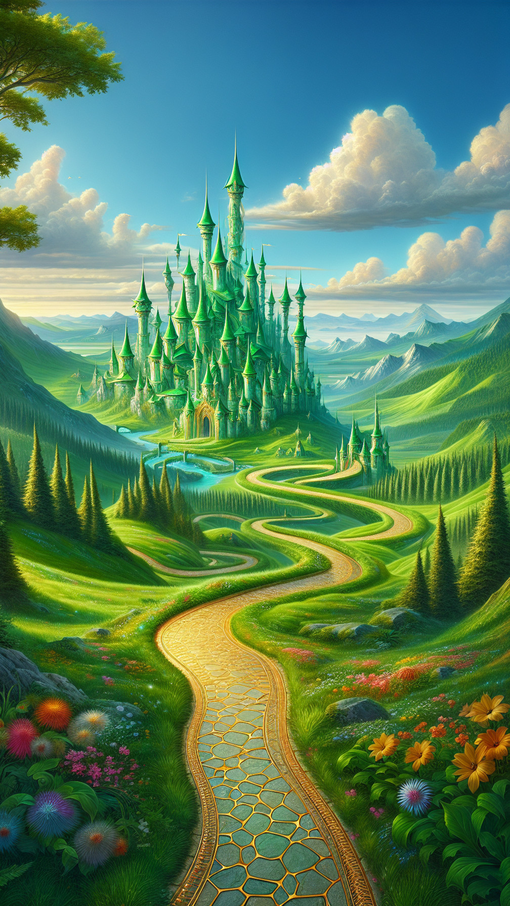 Vibrant Landscape with Shimmering Green Castle