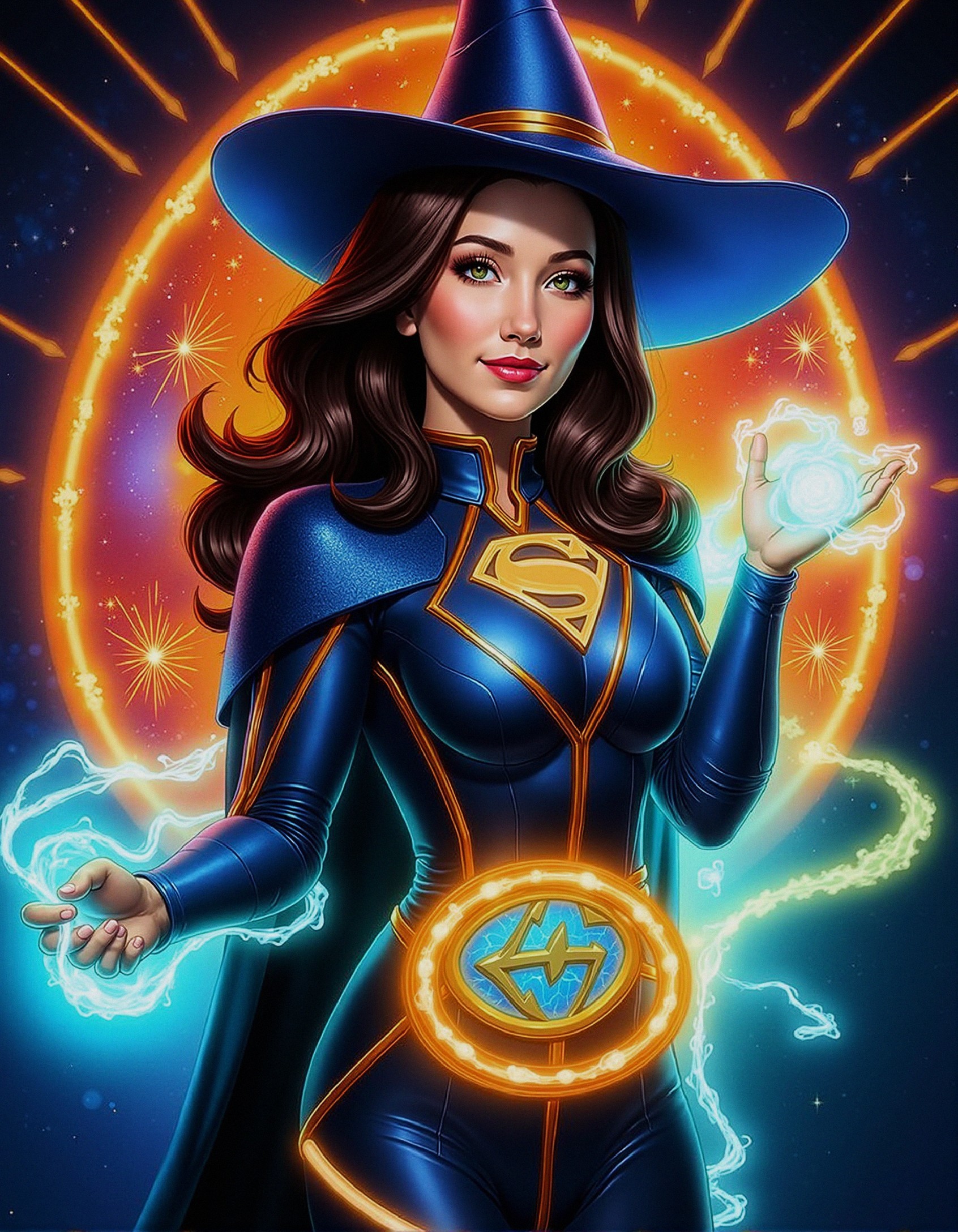 Confident Female Superhero in Blue and Gold Outfit