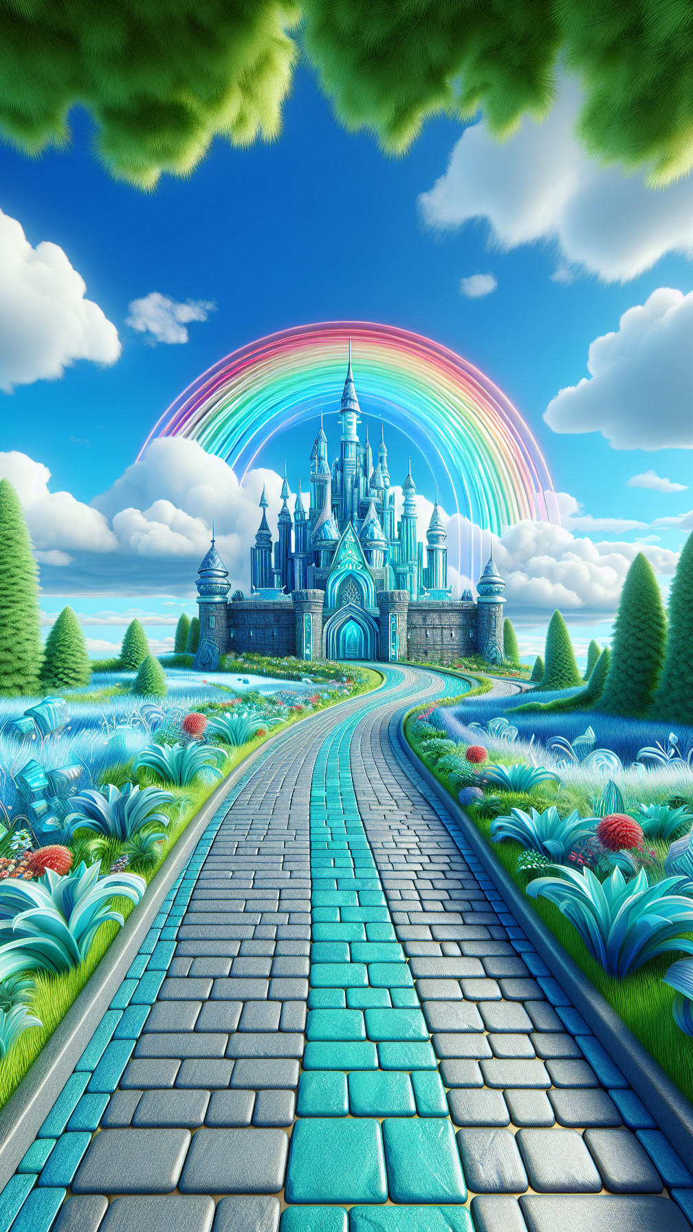 Vibrant Blue Castle in a Magical Landscape with Rainbow