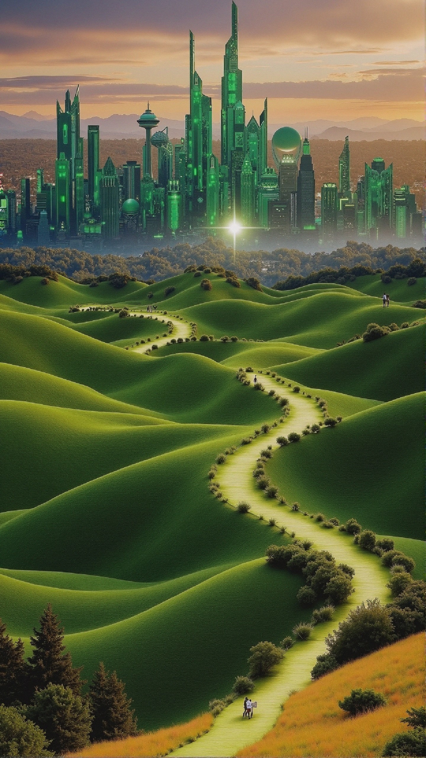 Vibrant Landscape with Futuristic City at Dusk