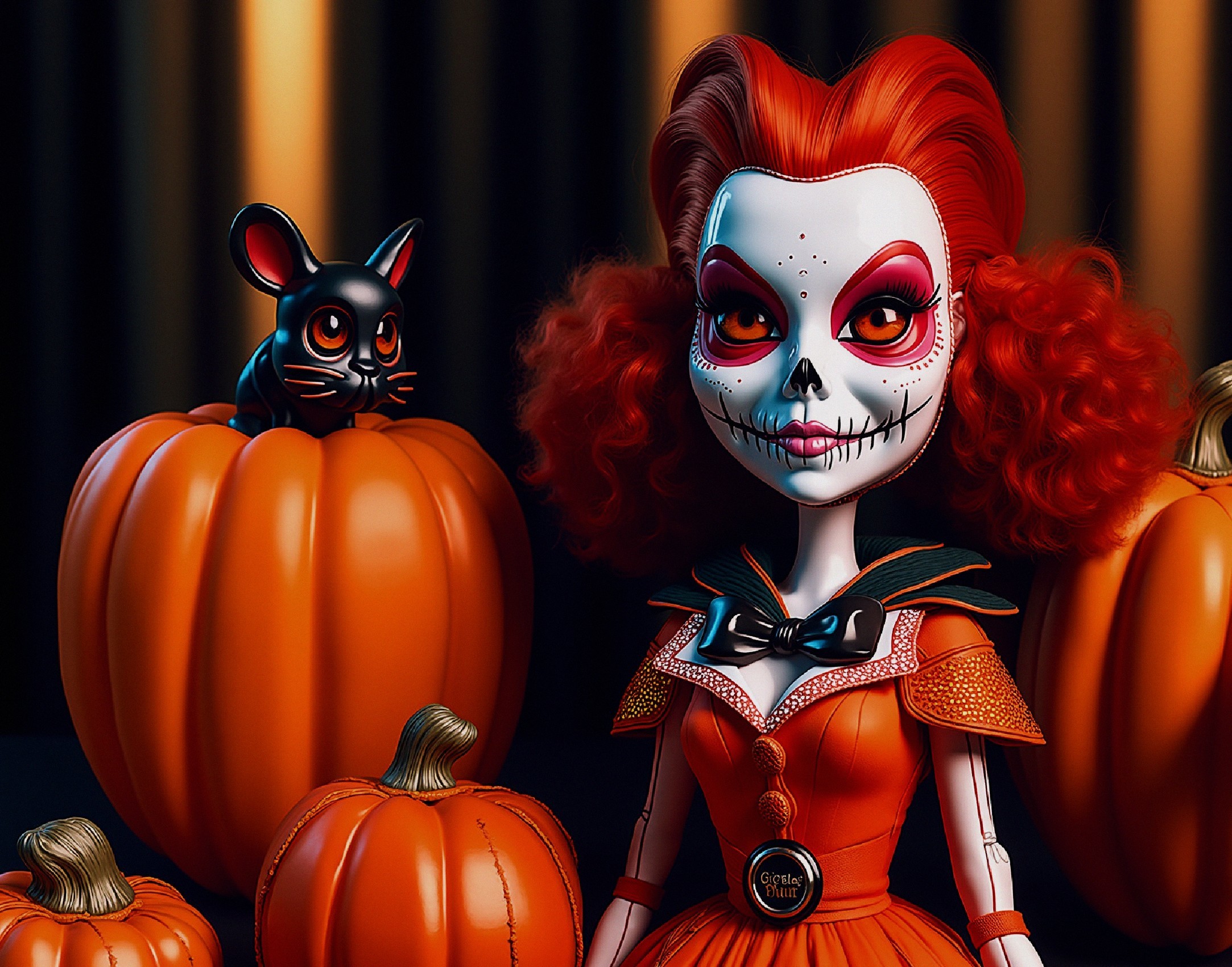 Whimsical Doll with Sugar Skull Face Among Pumpkins