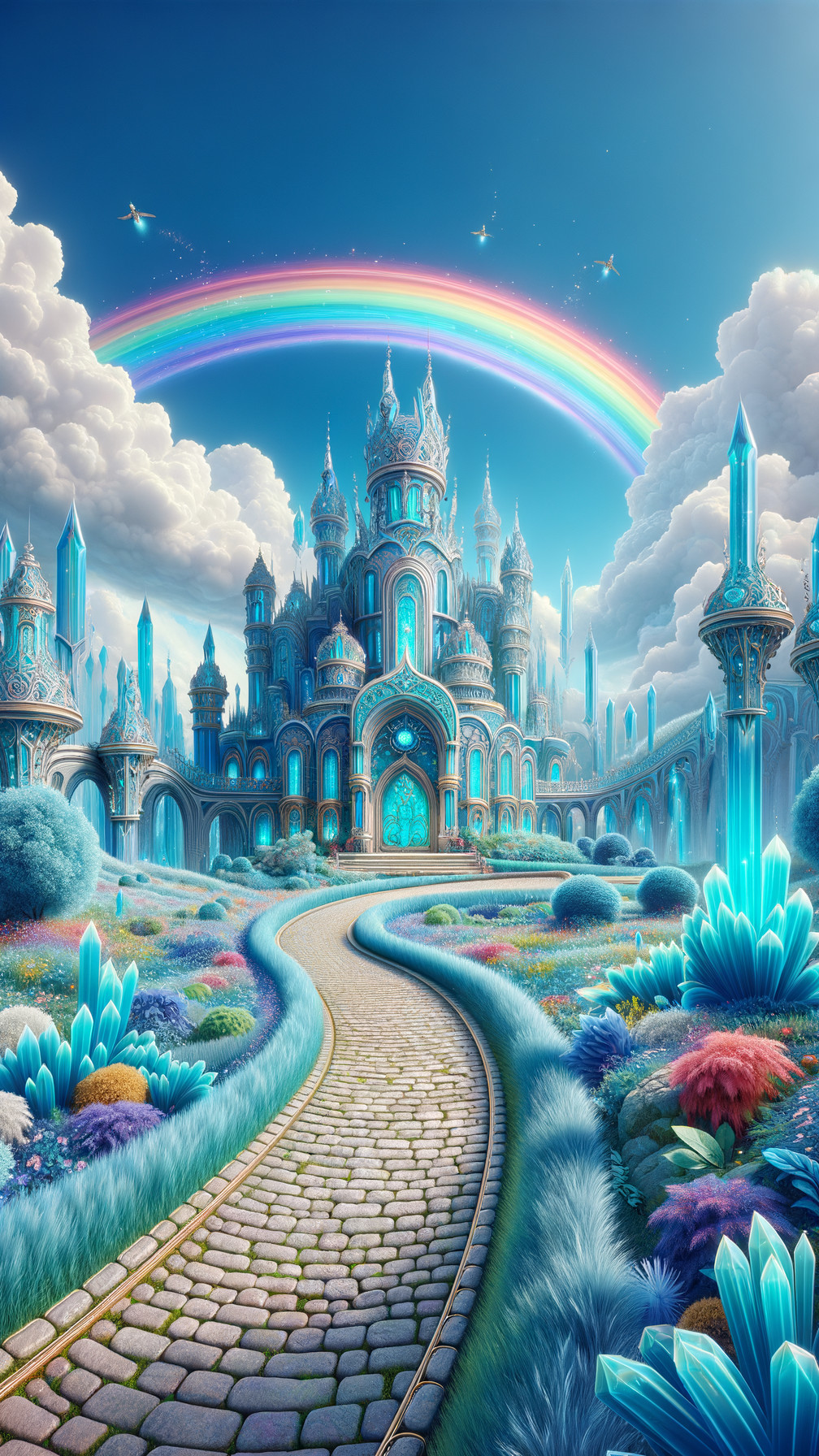 Vibrant Rainbow Over Majestic Crystal Palace Landscape