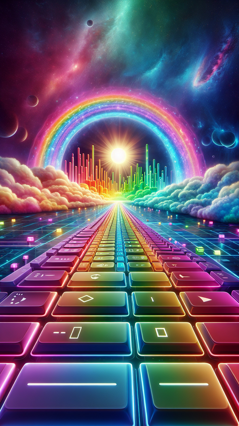 Surreal Cosmic Landscape with Colorful Keyboard and City
