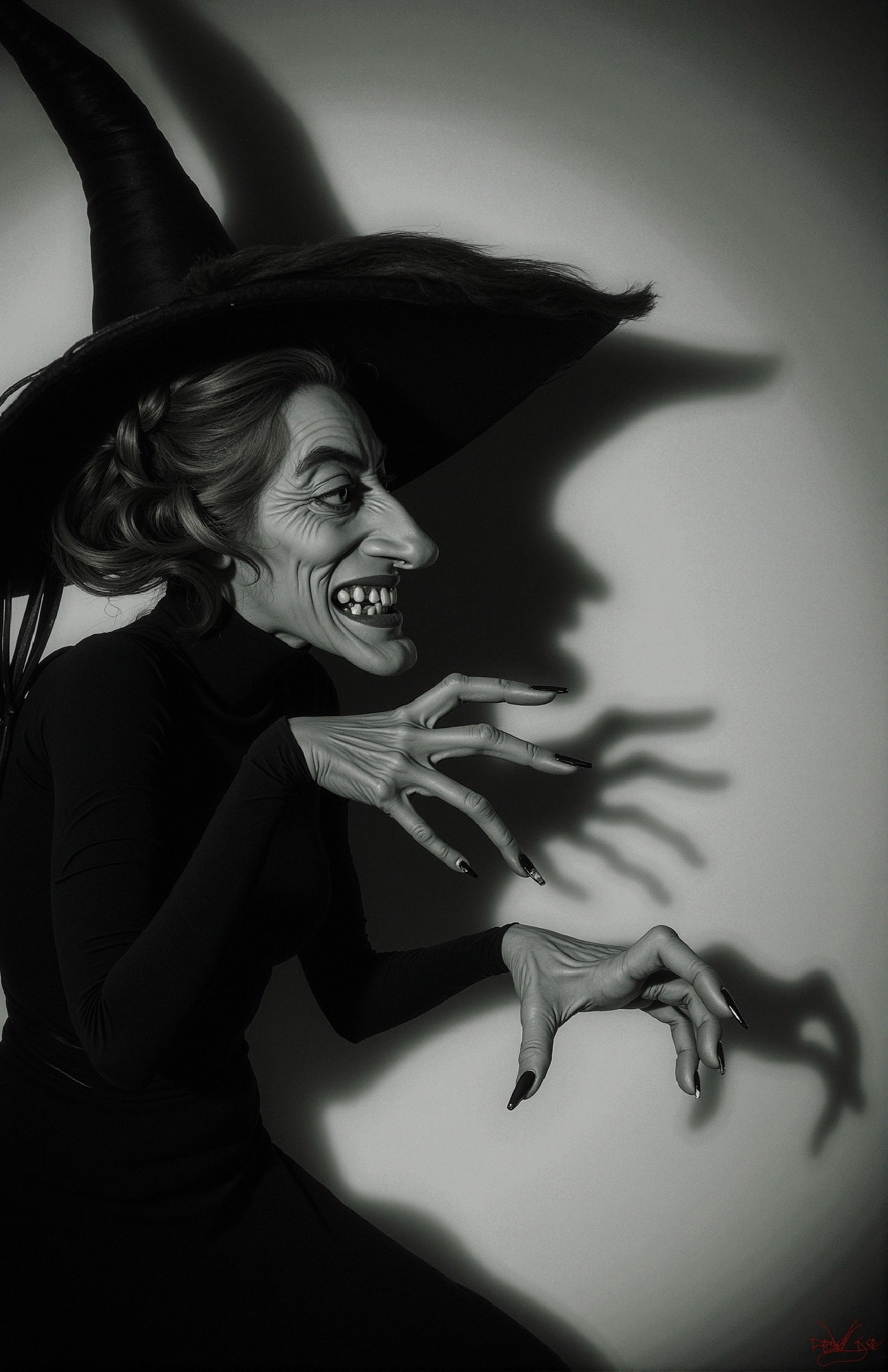 Sinister witch with pointed hat and eerie shadows