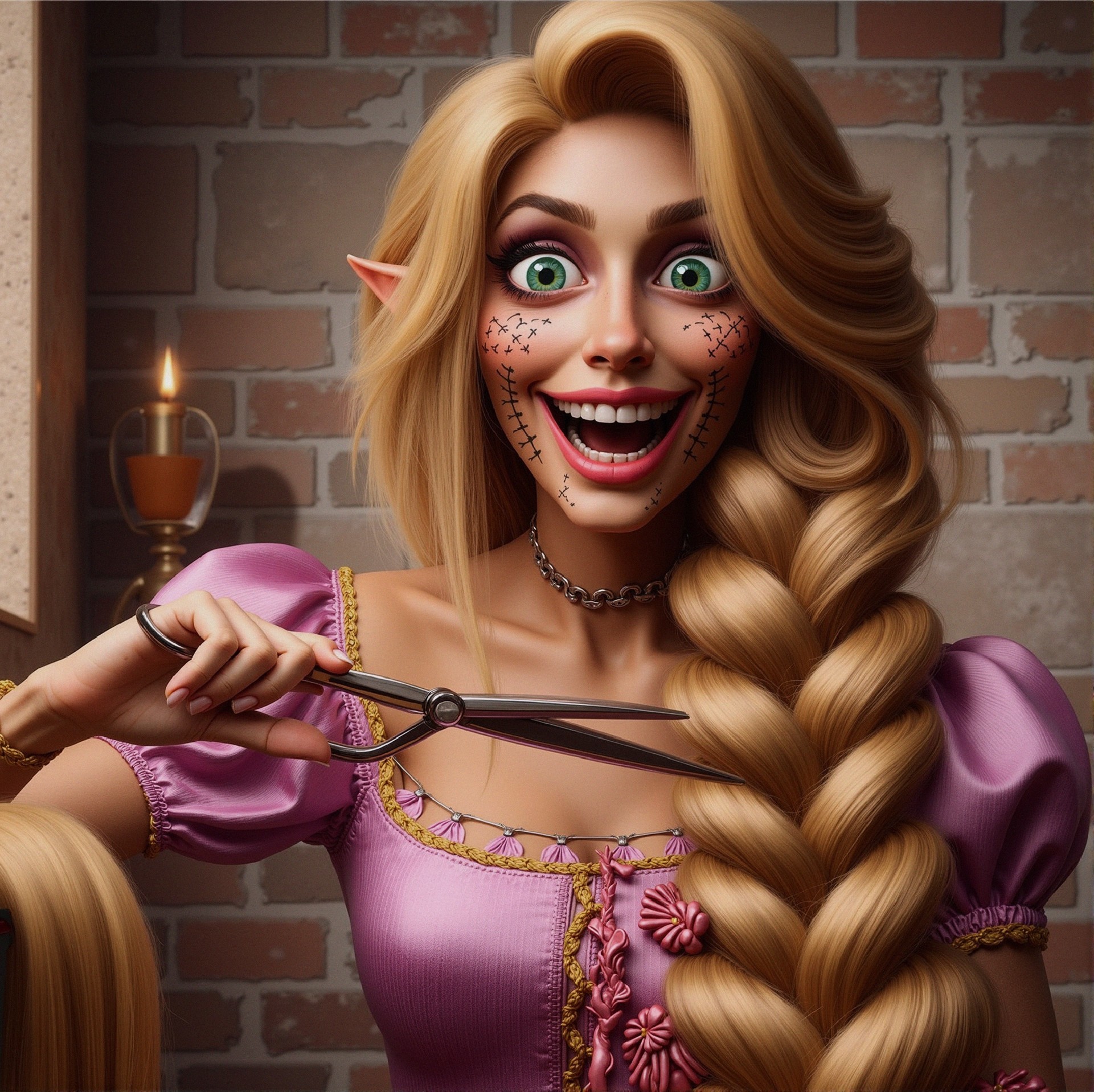 Whimsical Cartoon Character in Vintage Dress Scene