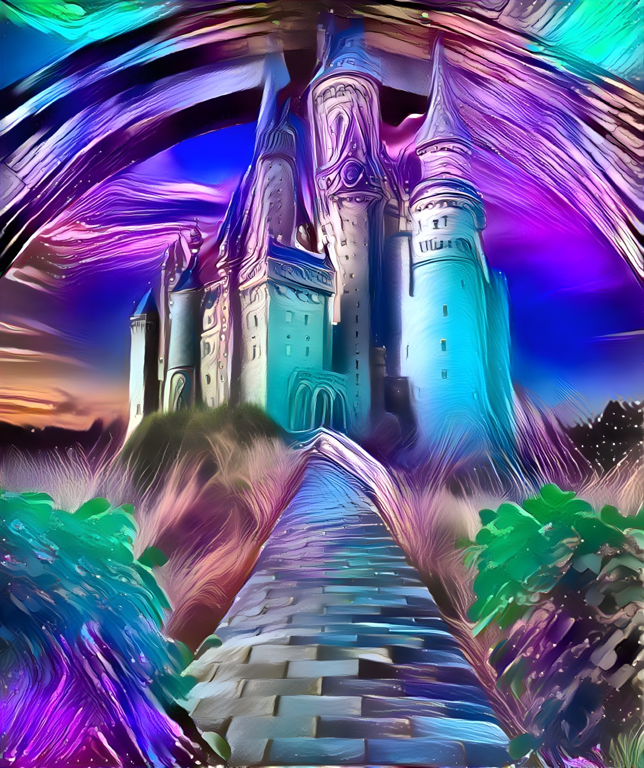 Fantastical castle with vibrant sky and lush greenery