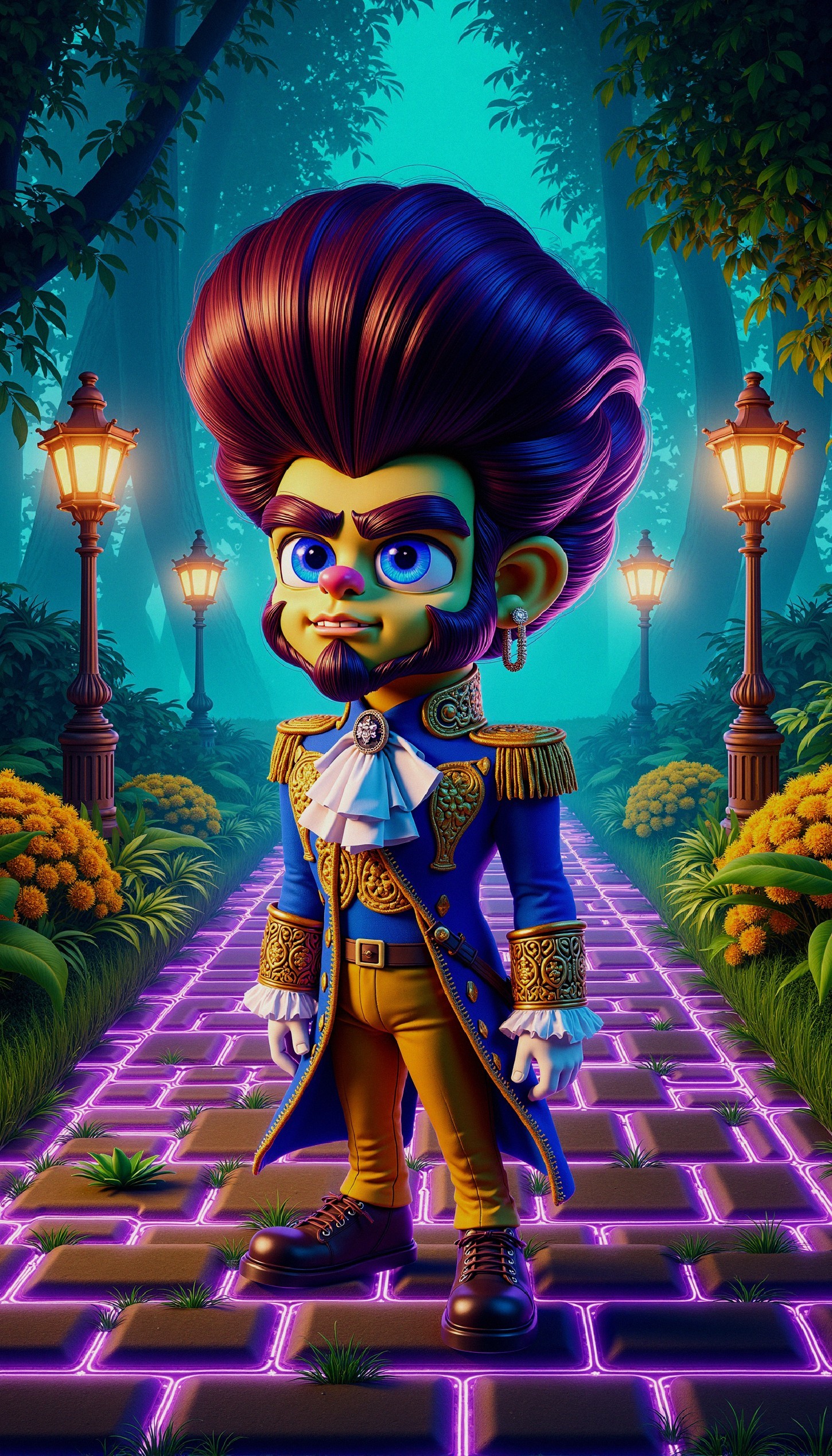 Cartoon Character on Glowing Path in Lush Forest