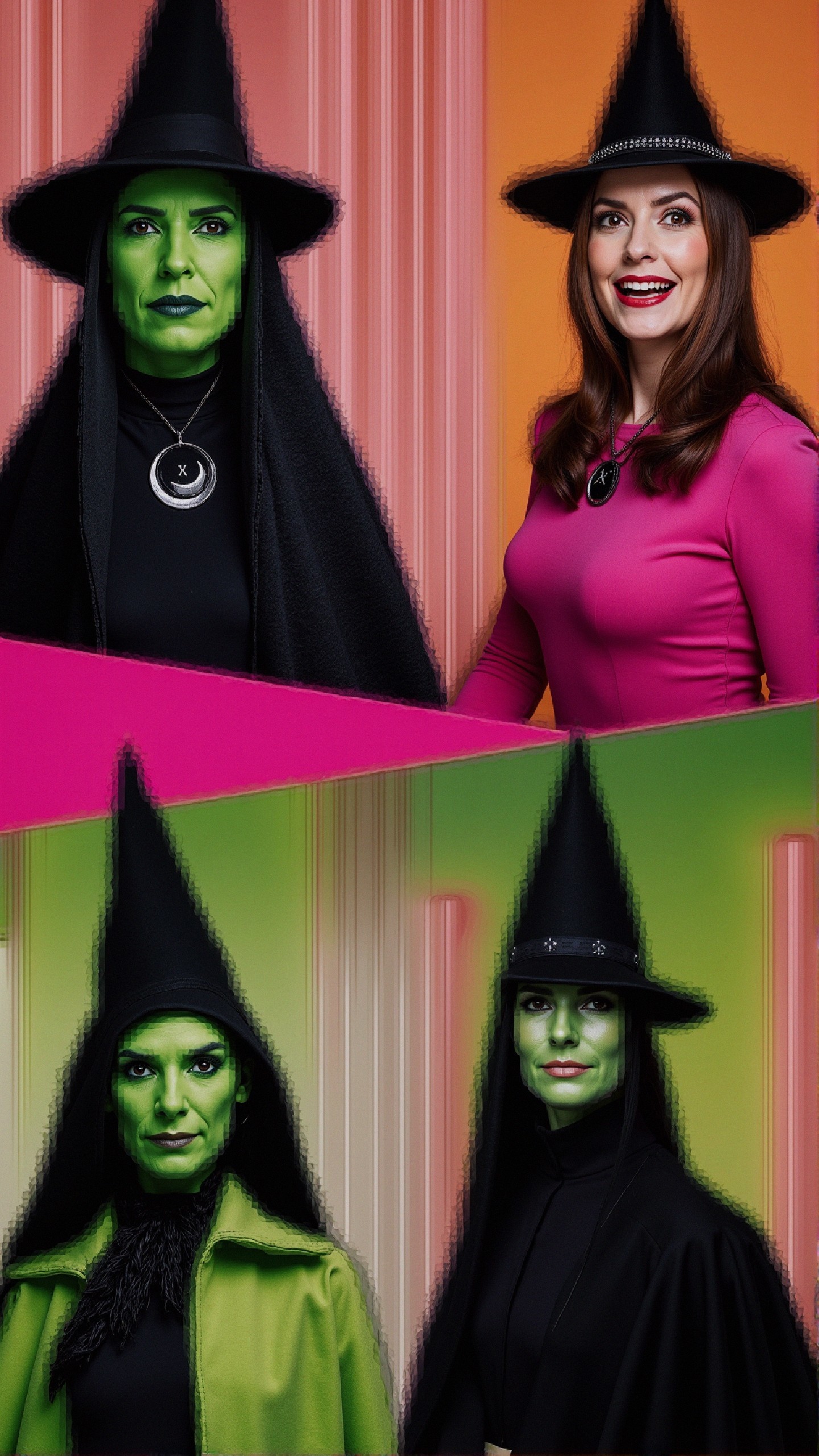 Witches in Colorful Attire Against Gradient Backdrop