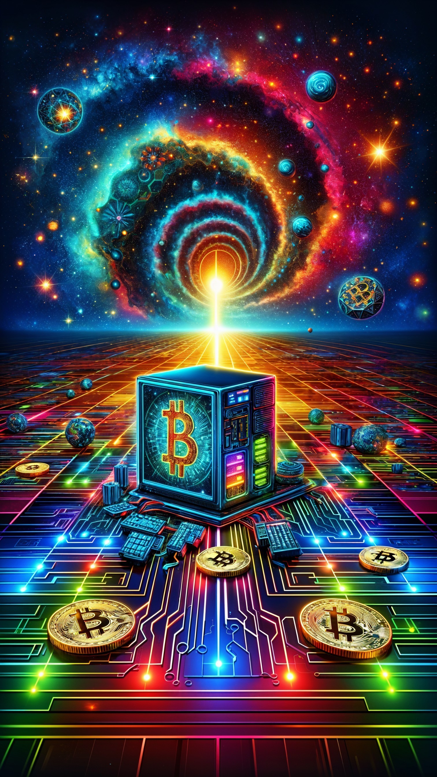 Cosmic Scene with Bitcoin Symbol and Circuit Board