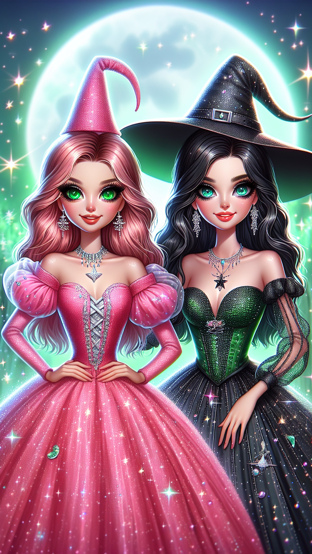 Whimsical Witches in Moonlit Setting with Glamorous Attire