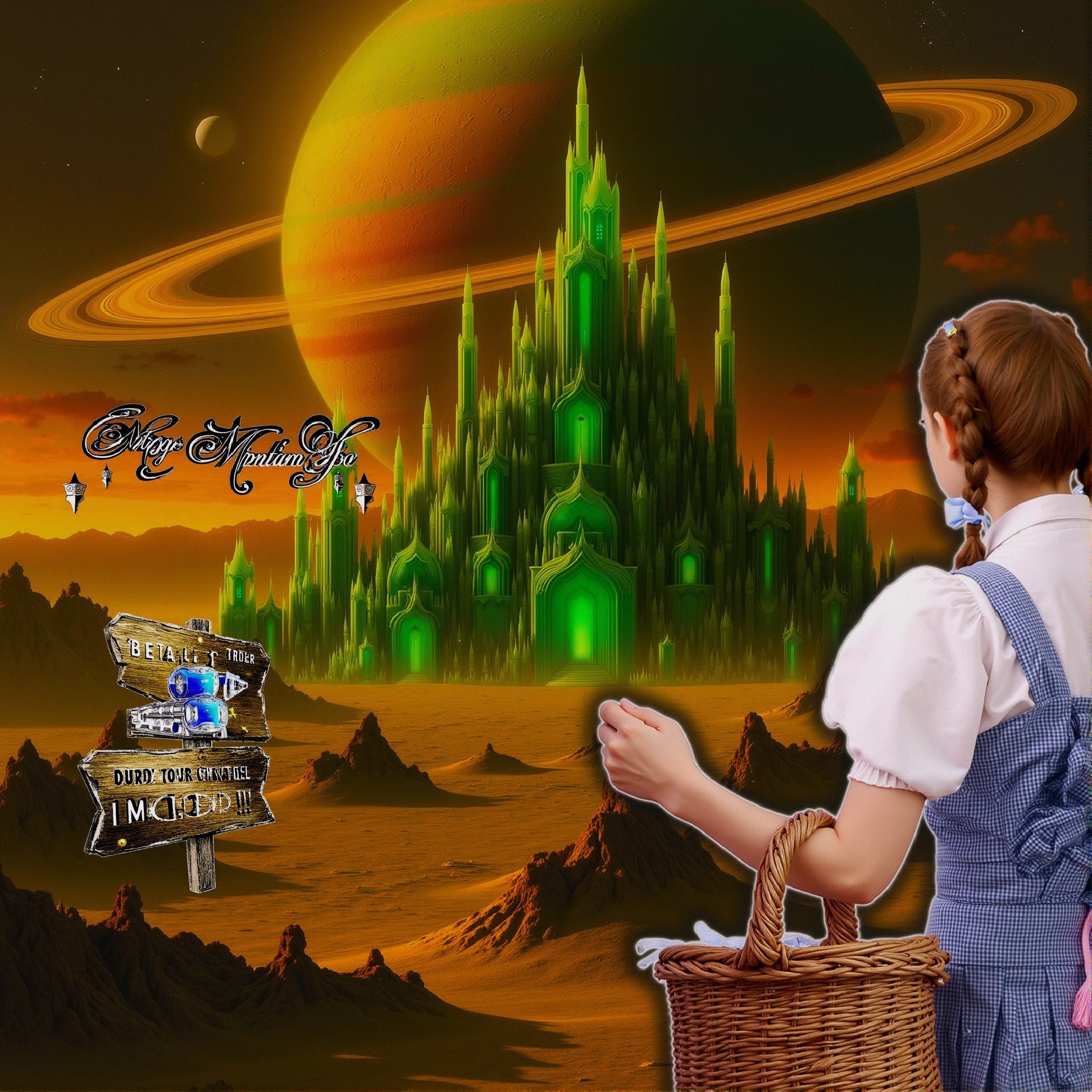 Girl in Blue Dress on Alien Landscape with Castle