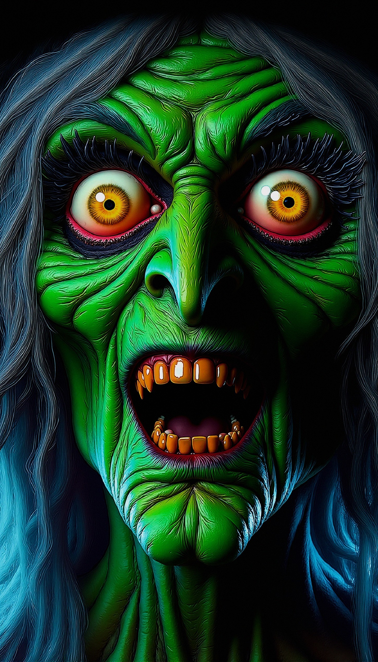 Grotesque Green-Skinned Witch with Menacing Features