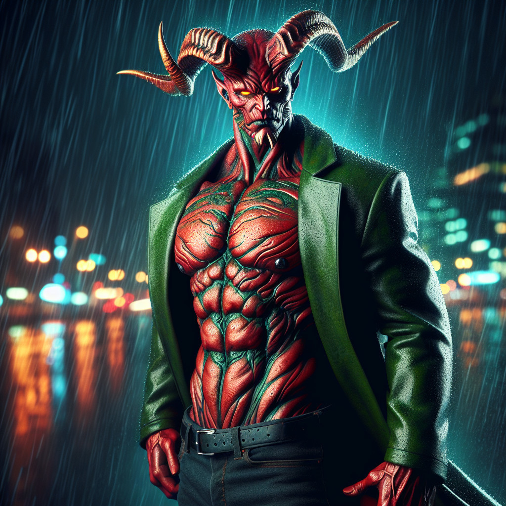 Muscular Red-Skinned Demon in Urban Rainy Setting