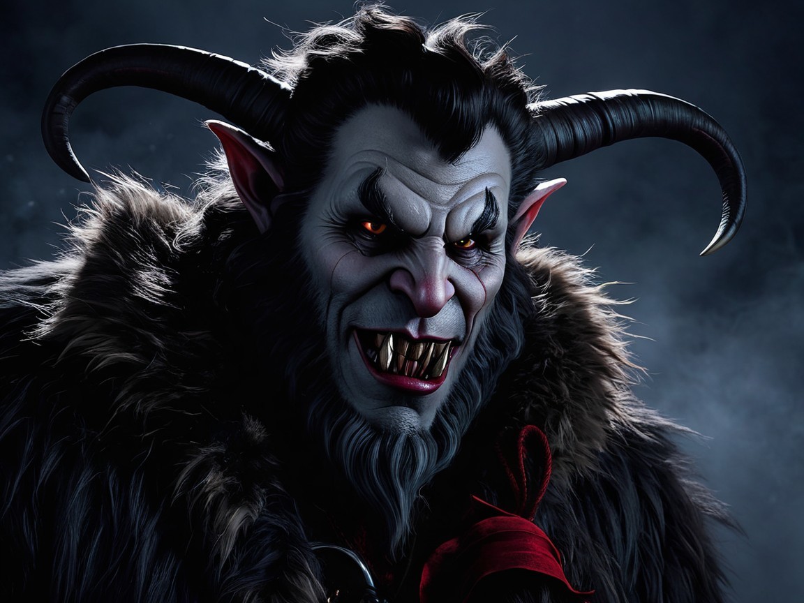 Menacing horned creature with glowing red eyes and cloak