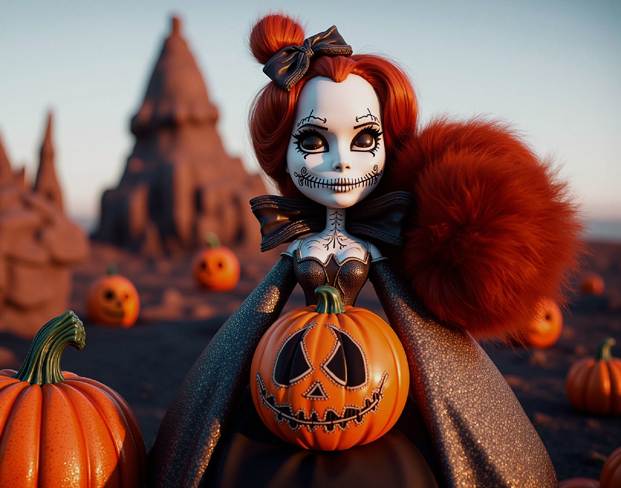 Halloween-Inspired Whimsical Doll with Pumpkin