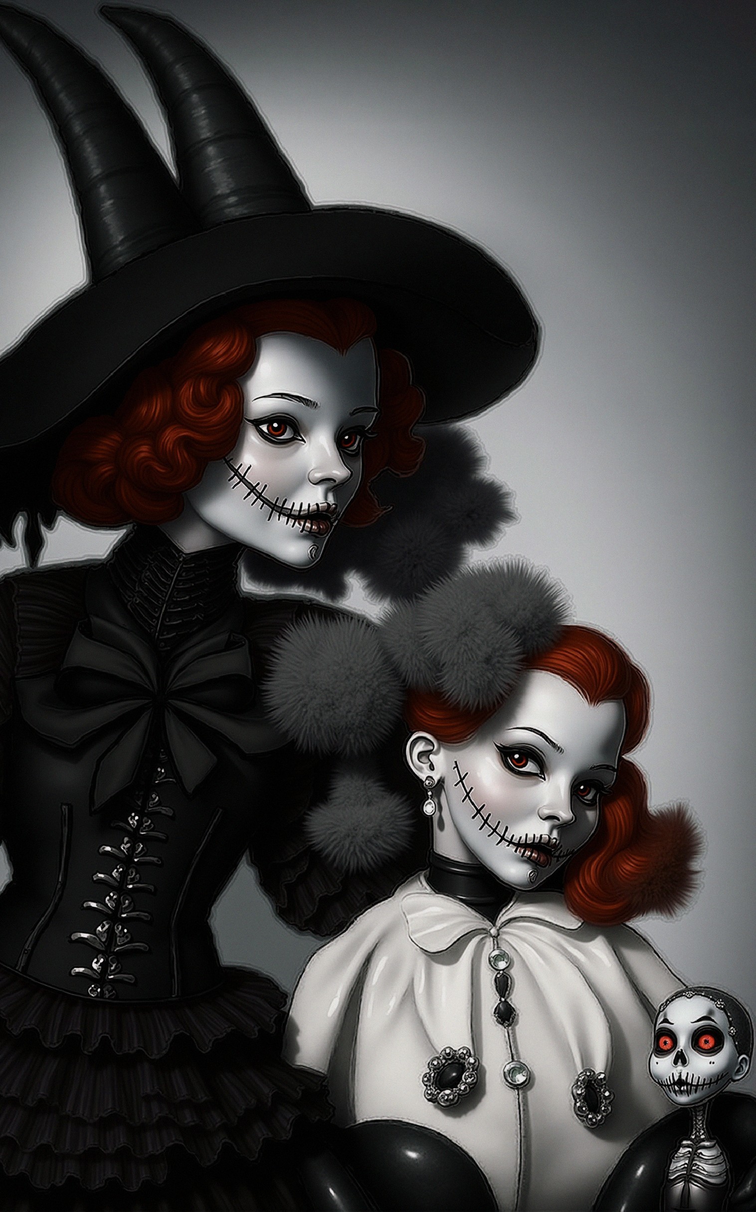 Gothic Skeletal Figures with Red Hair and Eerie Details