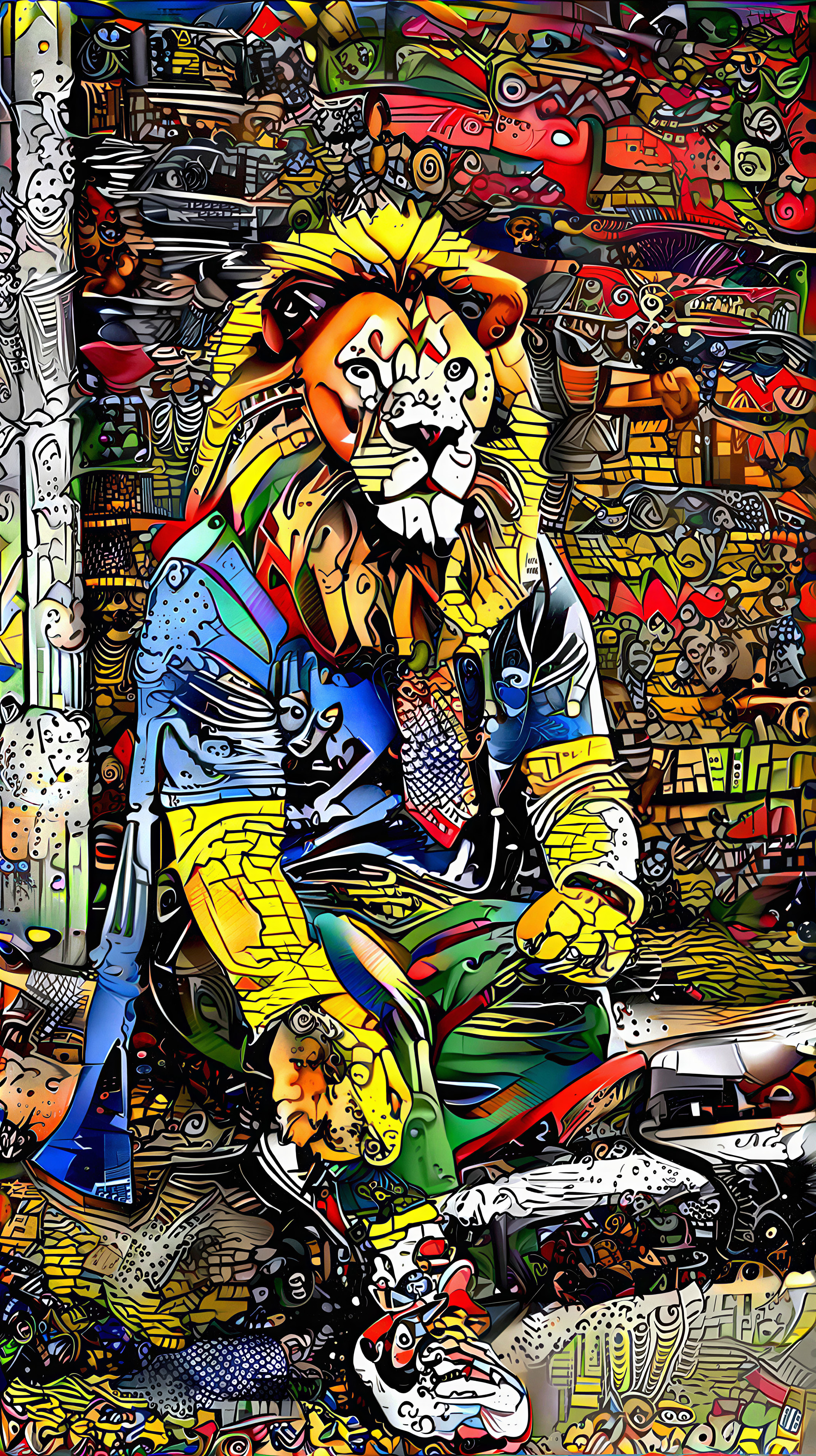 Surreal Lion in Colorful Urban Environment Illustration