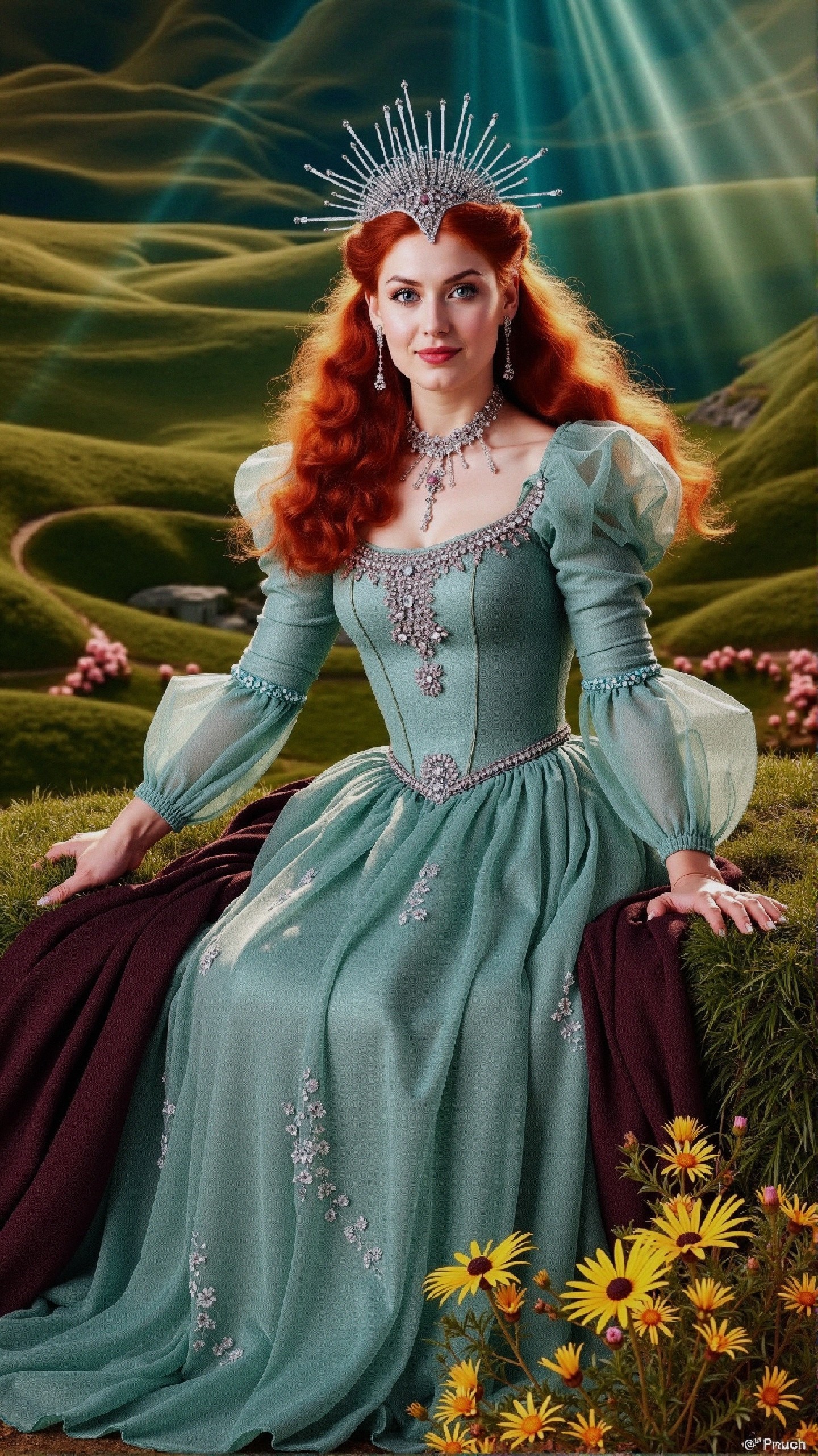 Regal Figure in Vibrant Landscape with Floral Details