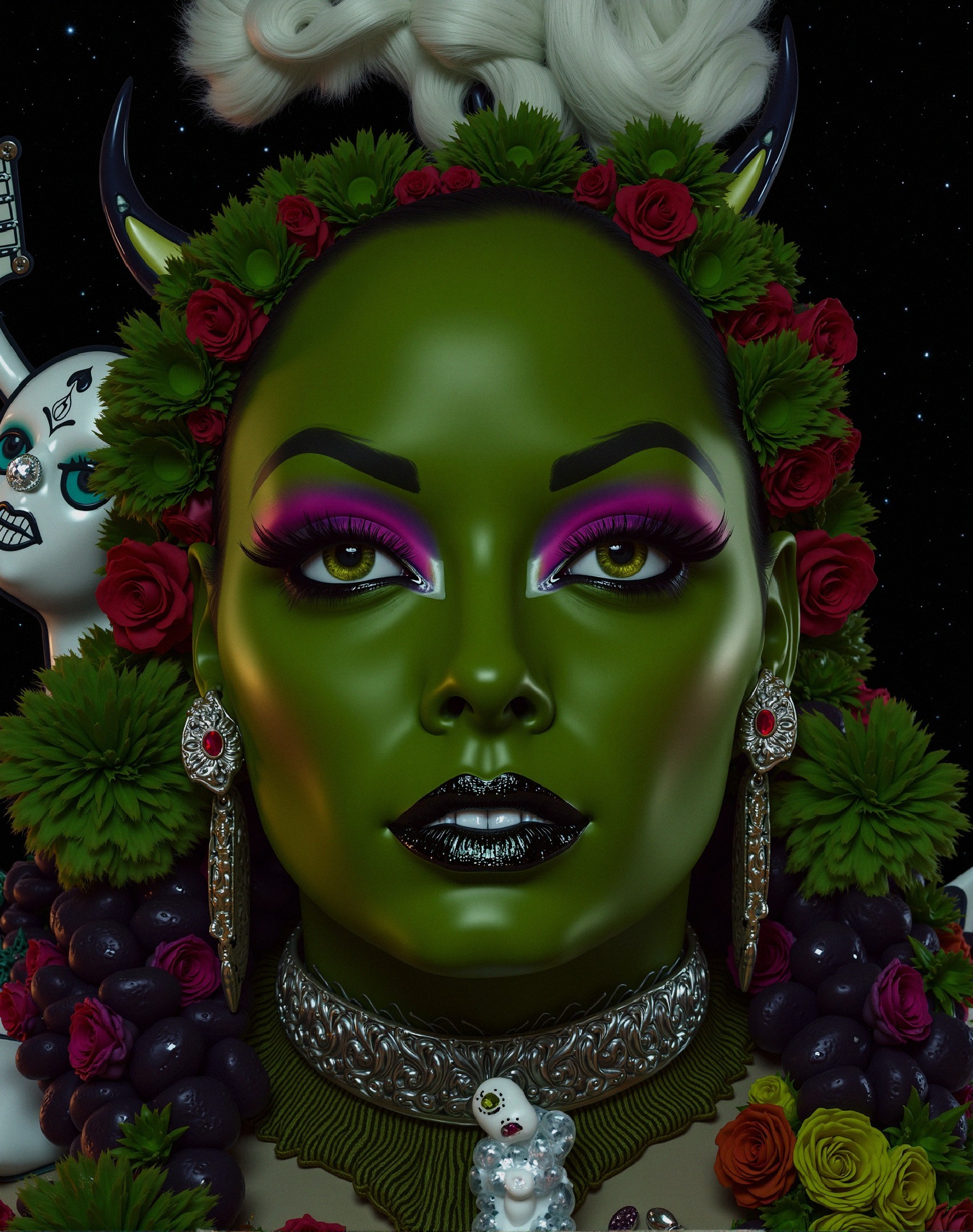 Bold Figure with Green Complexion and Floral Elements