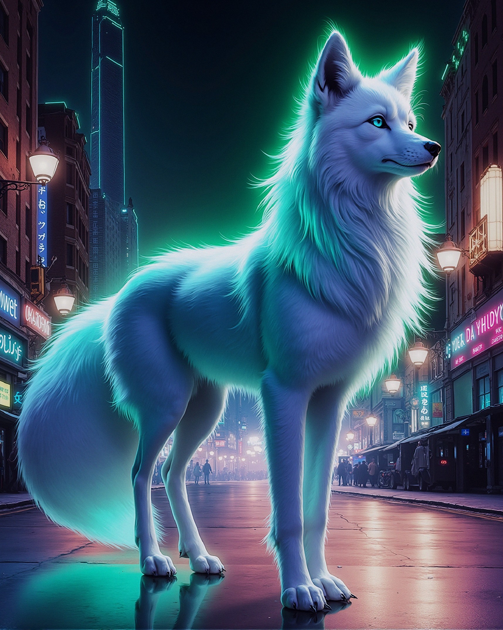 Majestic White Wolf in Neon-Lit Urban Landscape