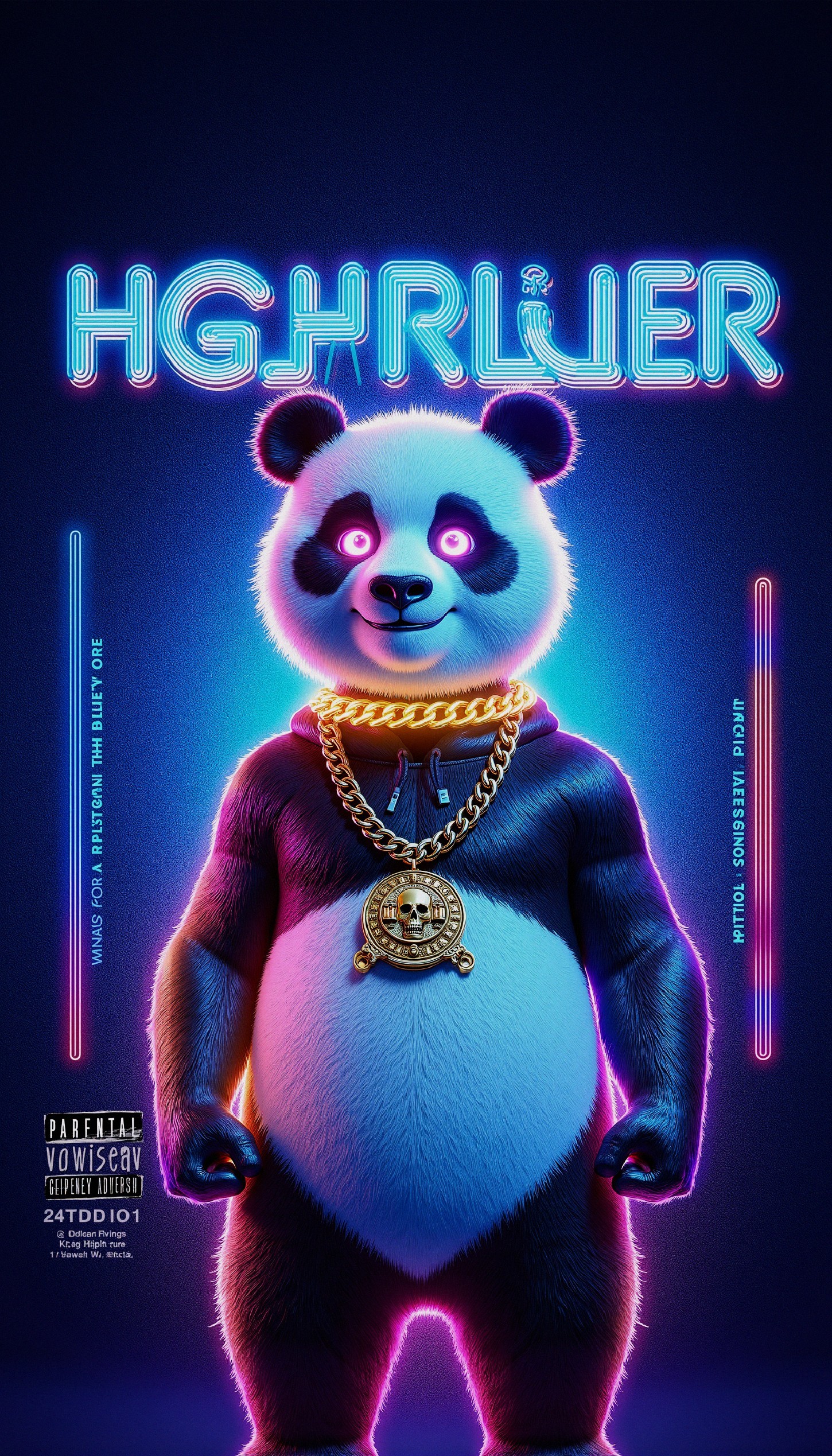 Stylized Panda Character with Neon Colors and Gold Chain