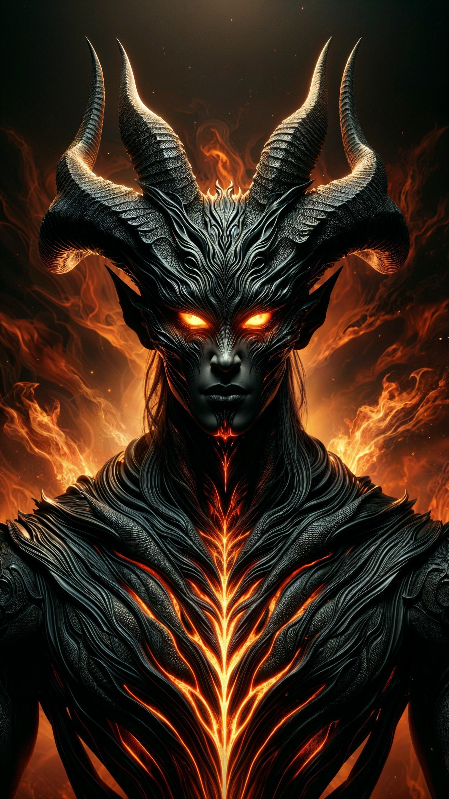 Intricate Dark Armor with Fiery Tendrils in Shadows