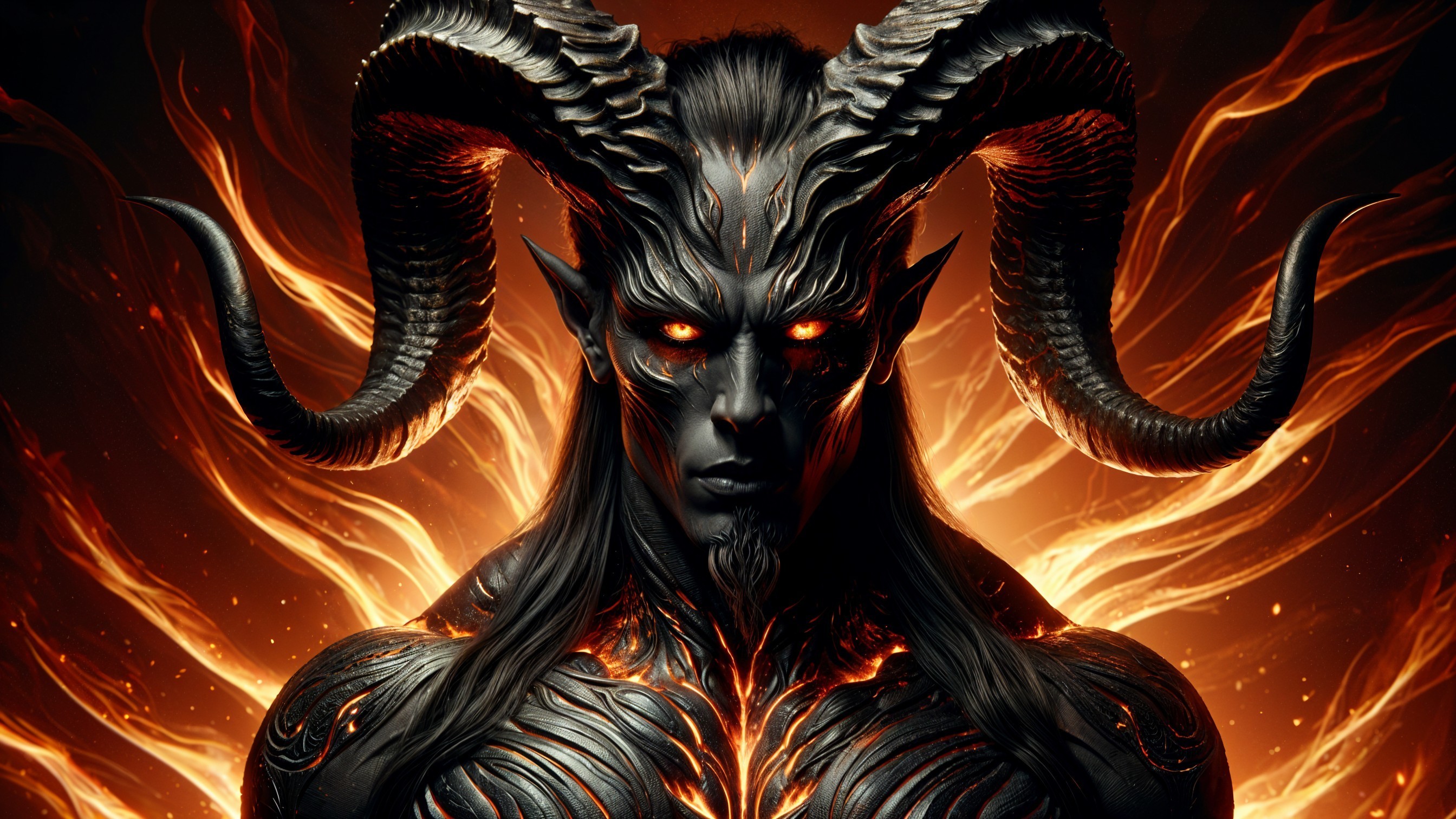 Dark Figure with Twisted Horns and Fiery Eyes
