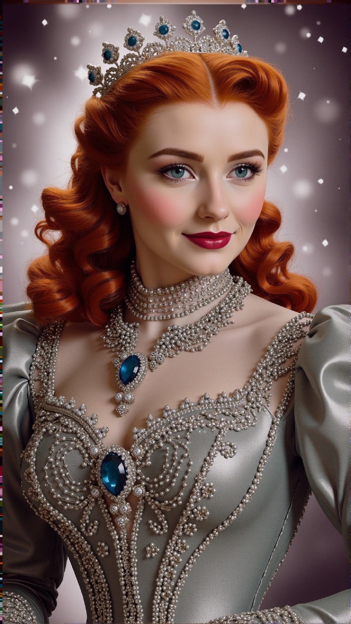 Glamorous woman in silver gown with red hair and tiara