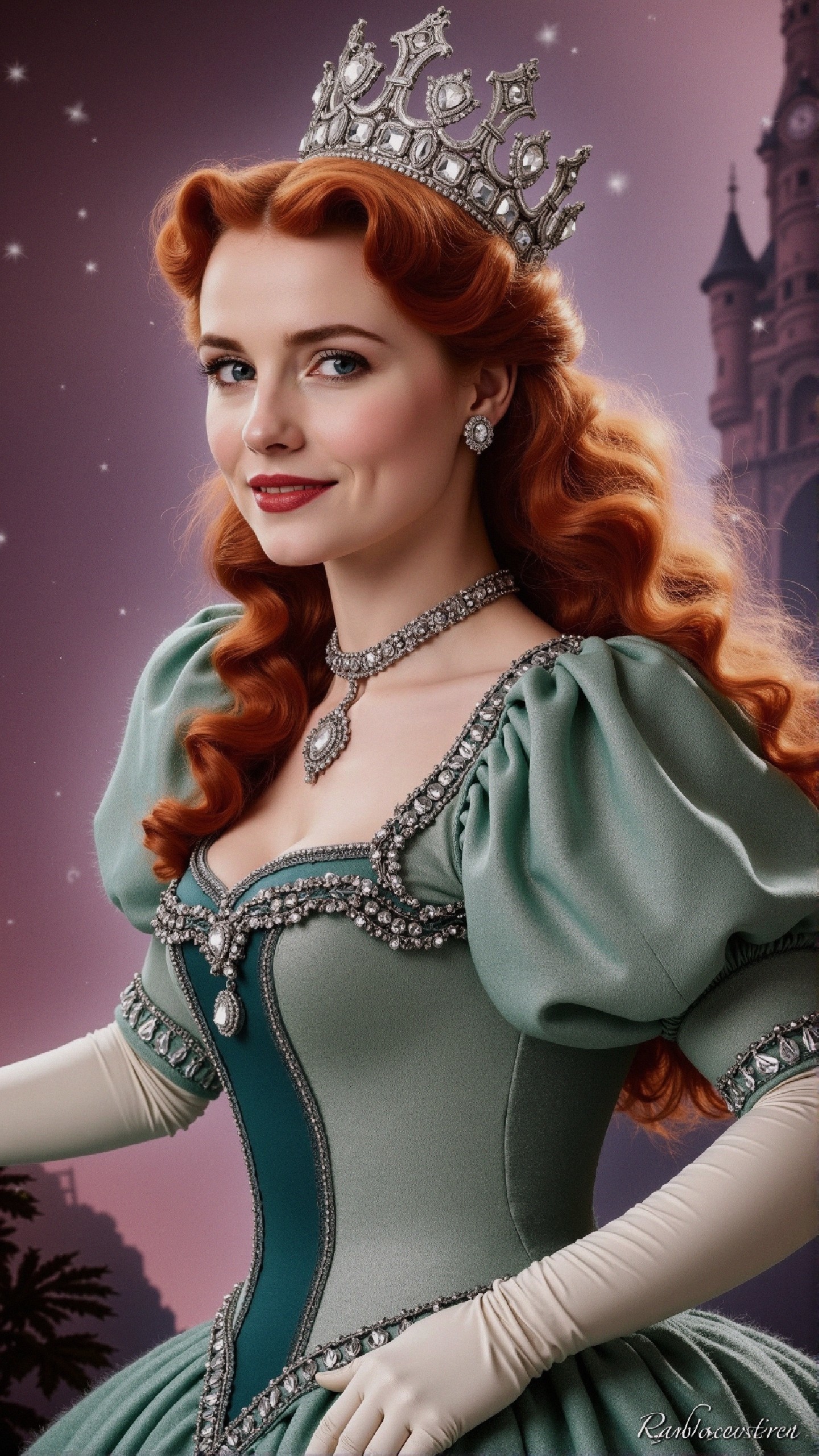 Elegant figure in mint-green gown with fairytale castle