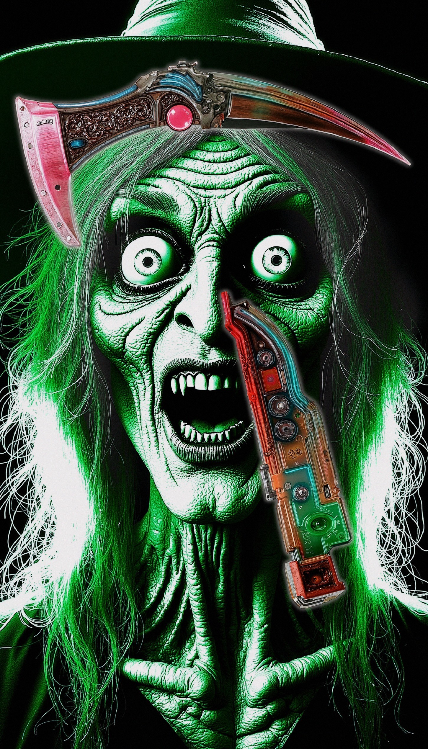 Menacing Witch with Exaggerated Features and Weapons