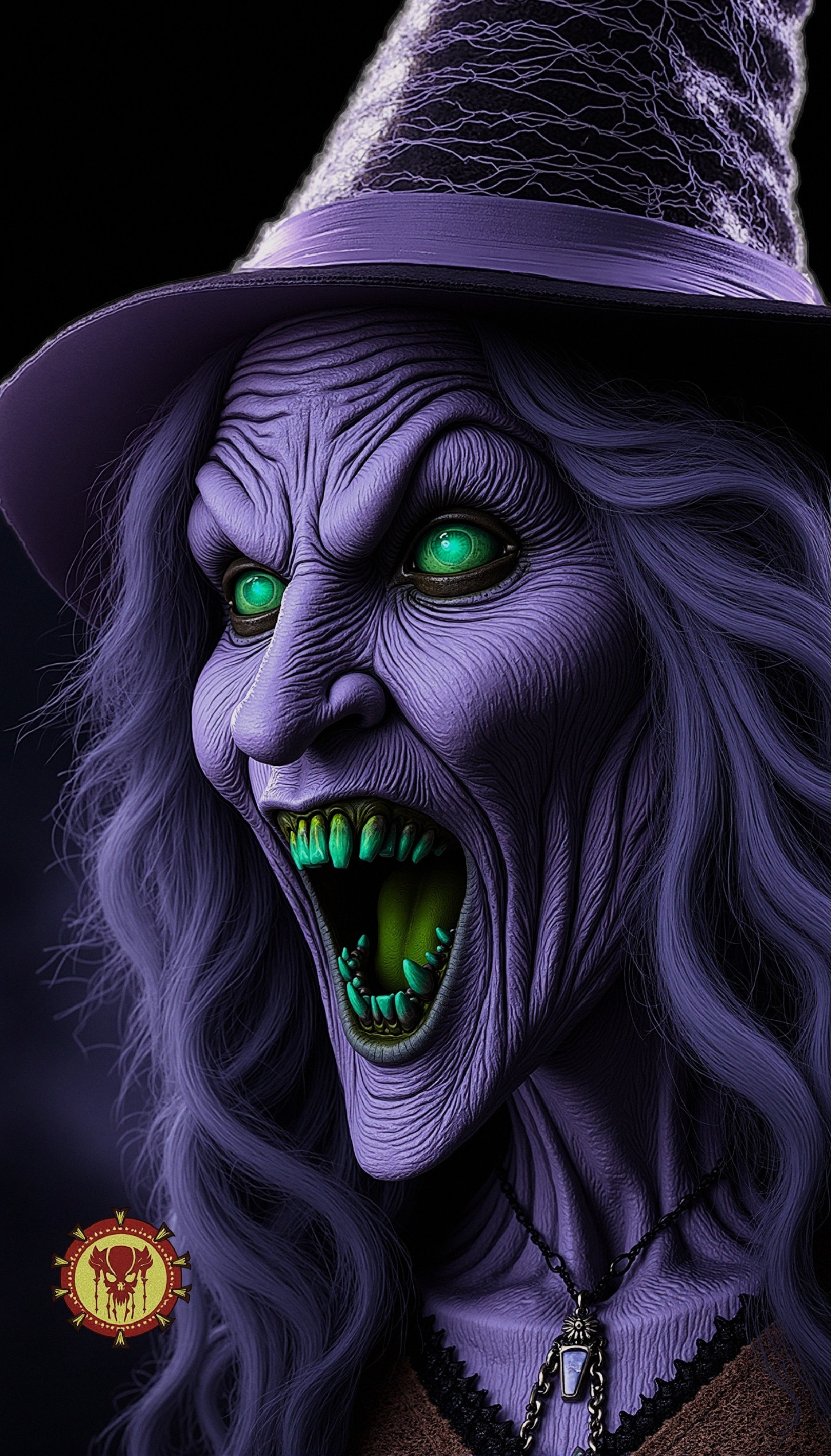 Stylized Witch with Purple Skin and Glowing Eyes