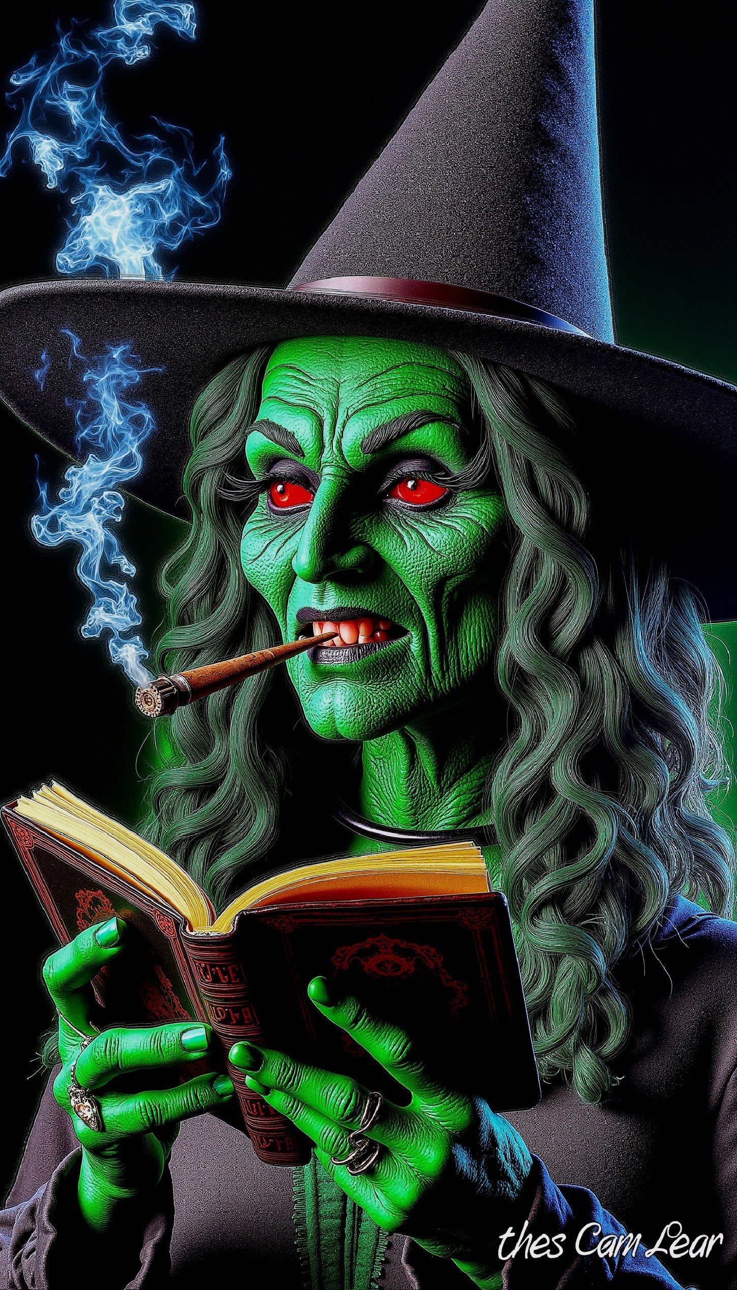 Green-Skinned Witch with Ancient Book and Cigar