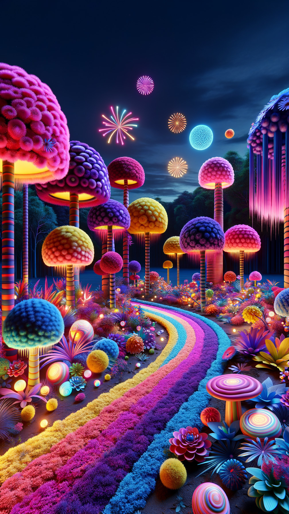 Surreal Landscape with Colorful Mushrooms and Flora